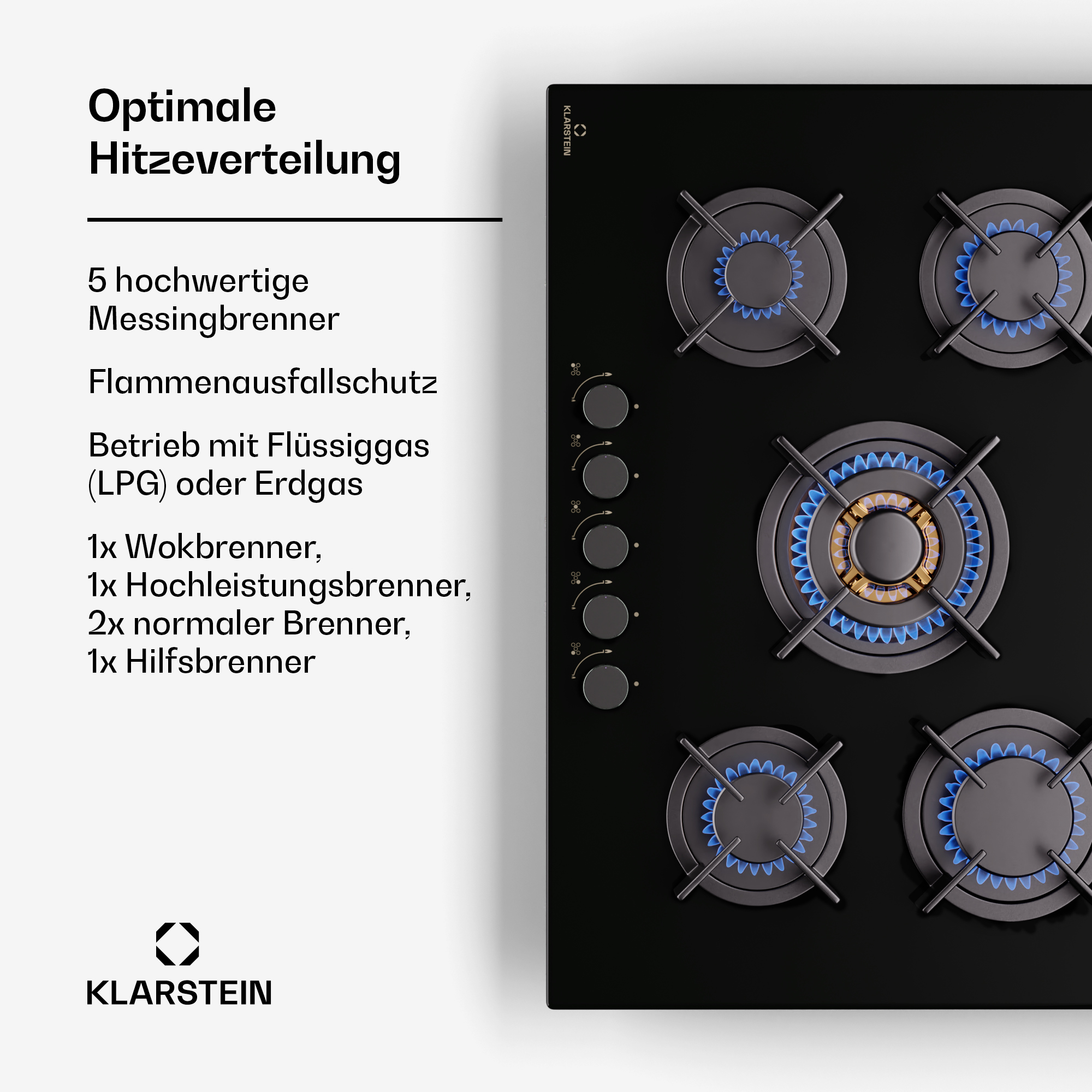 Schwarzer Gaskochfeld mit fünf Brennern, davon vier mit blauer Flamme.