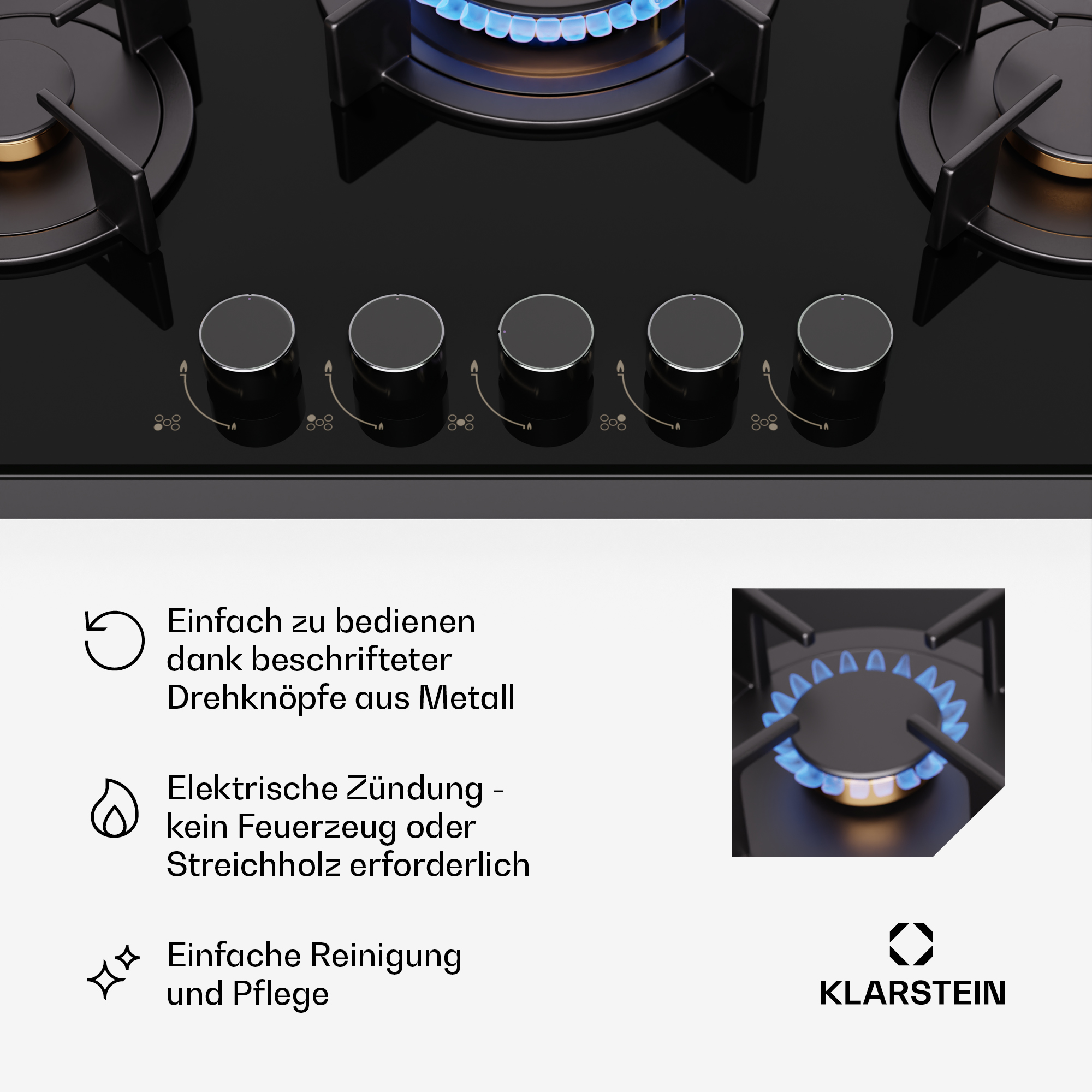 Schwarzes Kochfeld mit Gasbrennern und Reglern. Klarstein Logo.