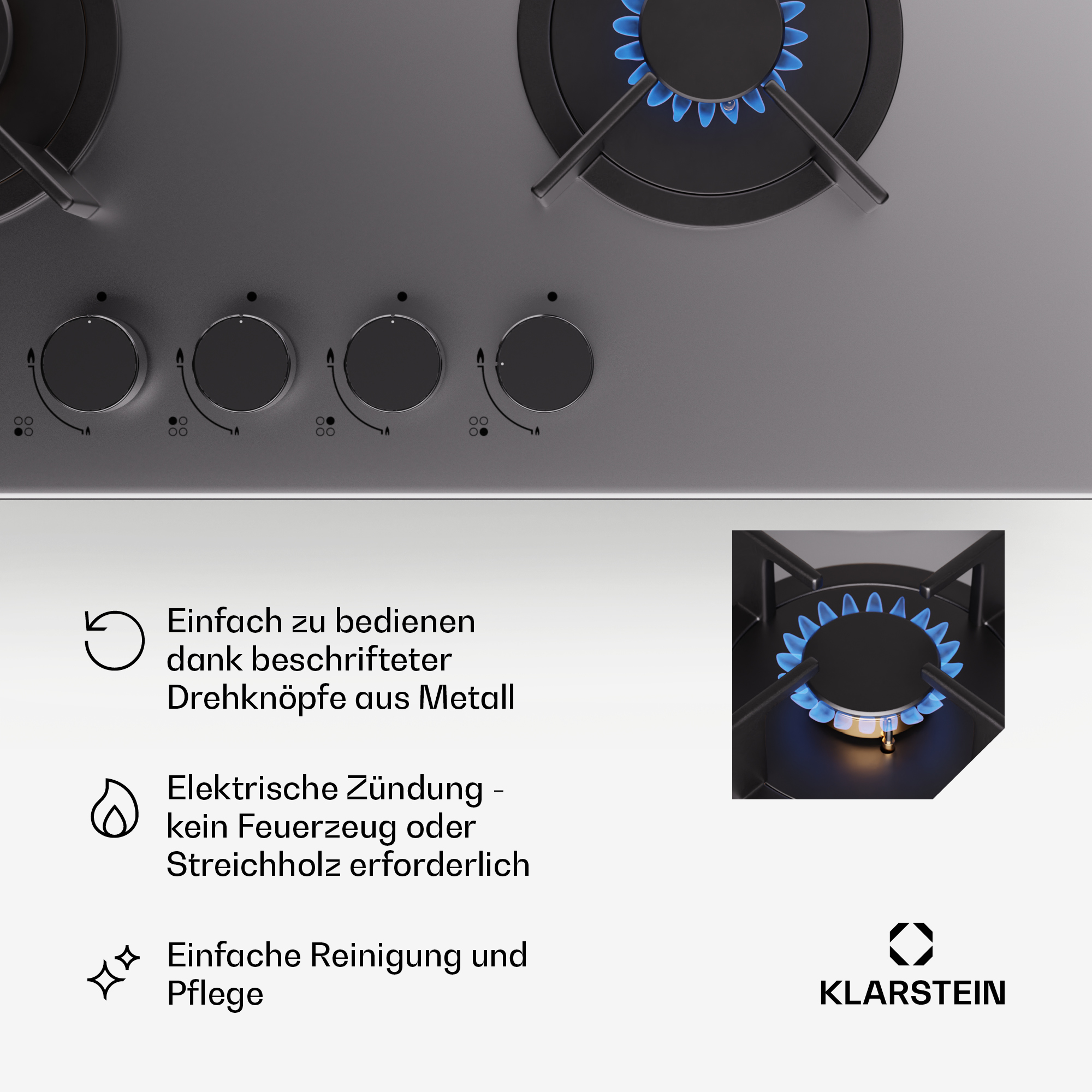 Ein Gaskochfeld mit vier Drehknöpfen und brennender Gasflamme.