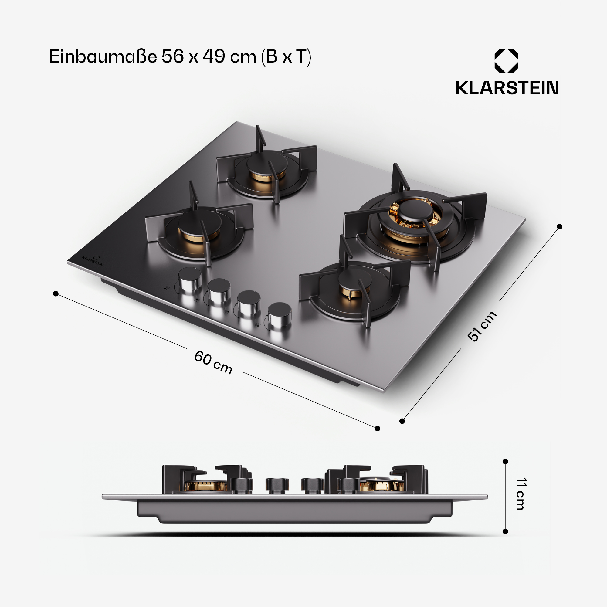Edelstahl-Gaskochfeld mit vier Brennern, Maße 60x51x11 cm.