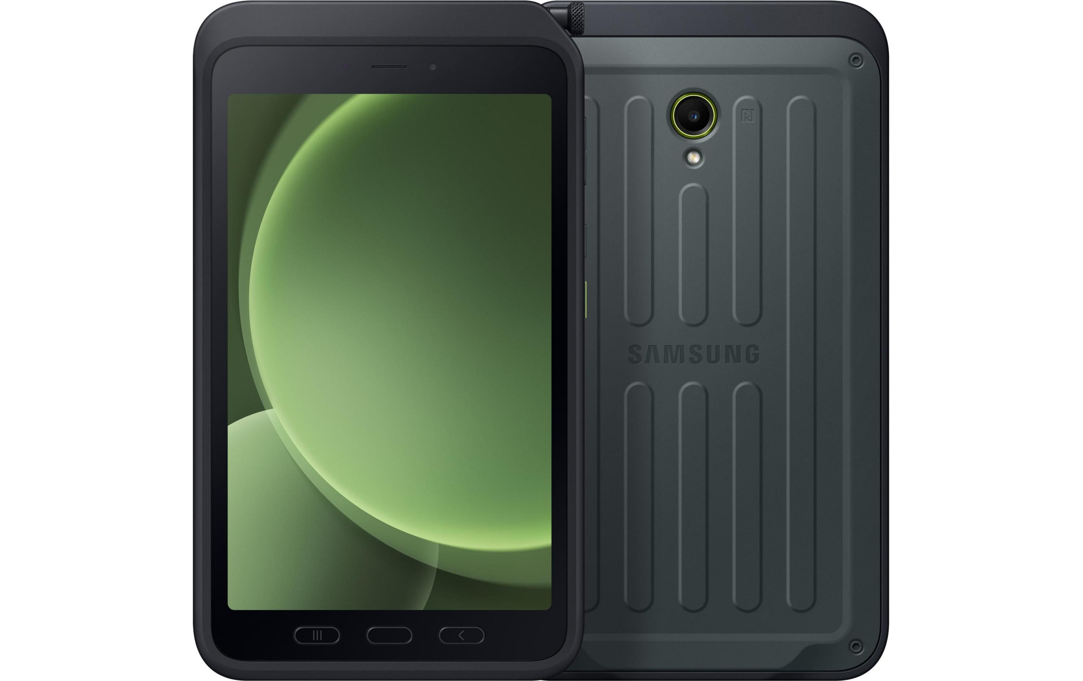Ciemnoszary tablet Samsung z żebrowanym tyłem i zielonym ekranem.