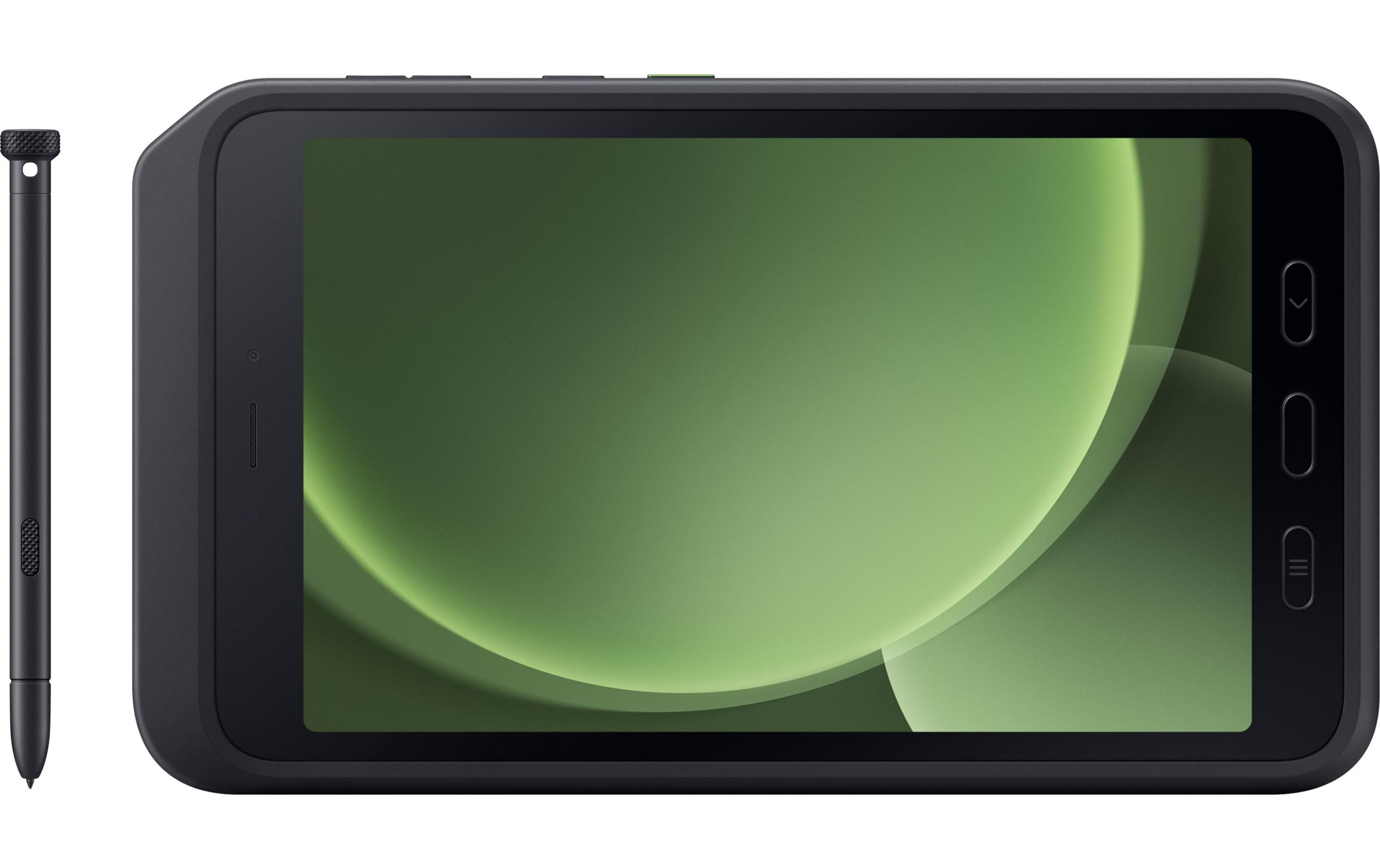 Ciemny tablet ze stylusem, zielona grafika tła.