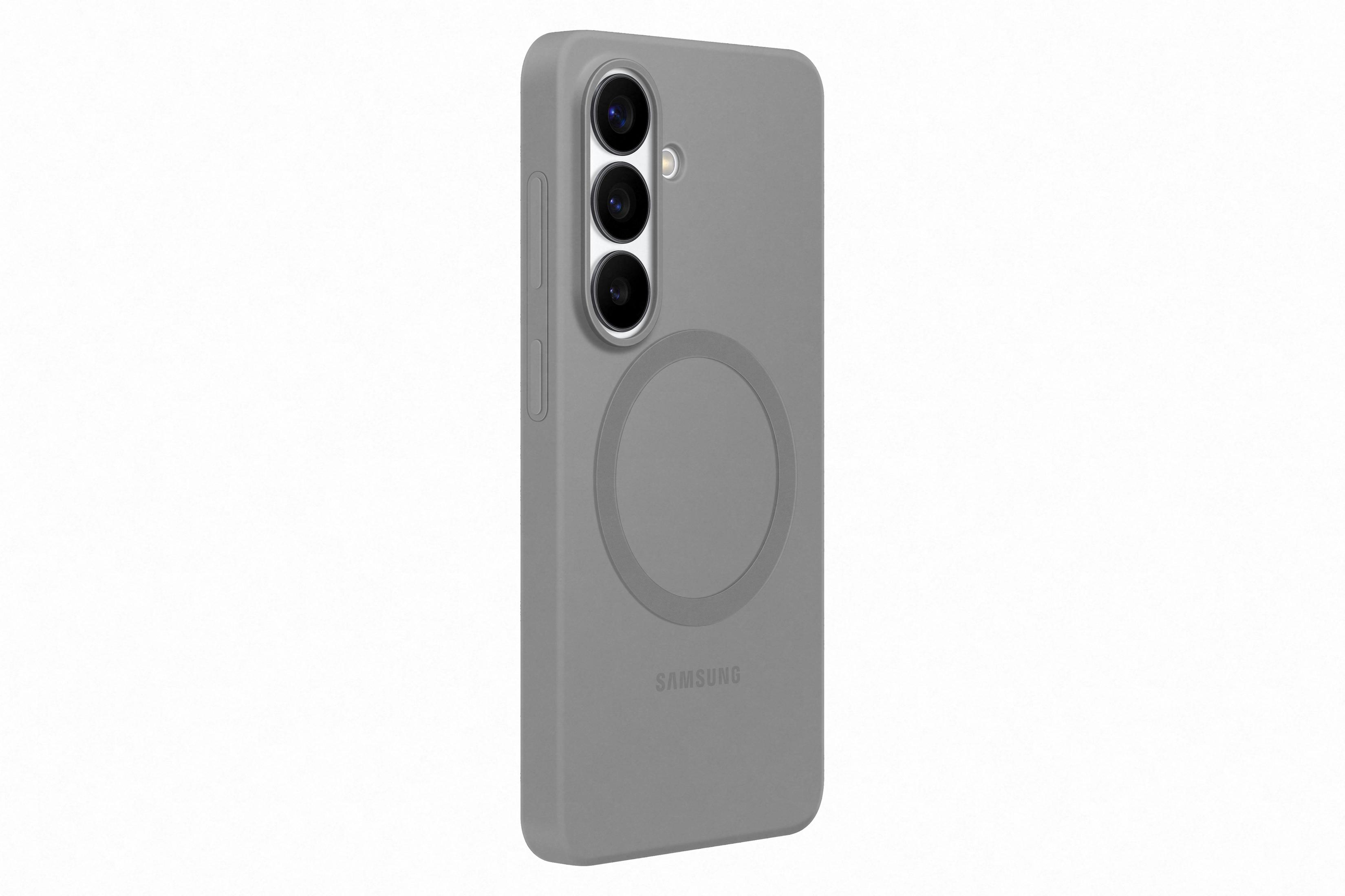 Graue Hülle für ein Smartphone mit drei Kameras und einem Kreis.