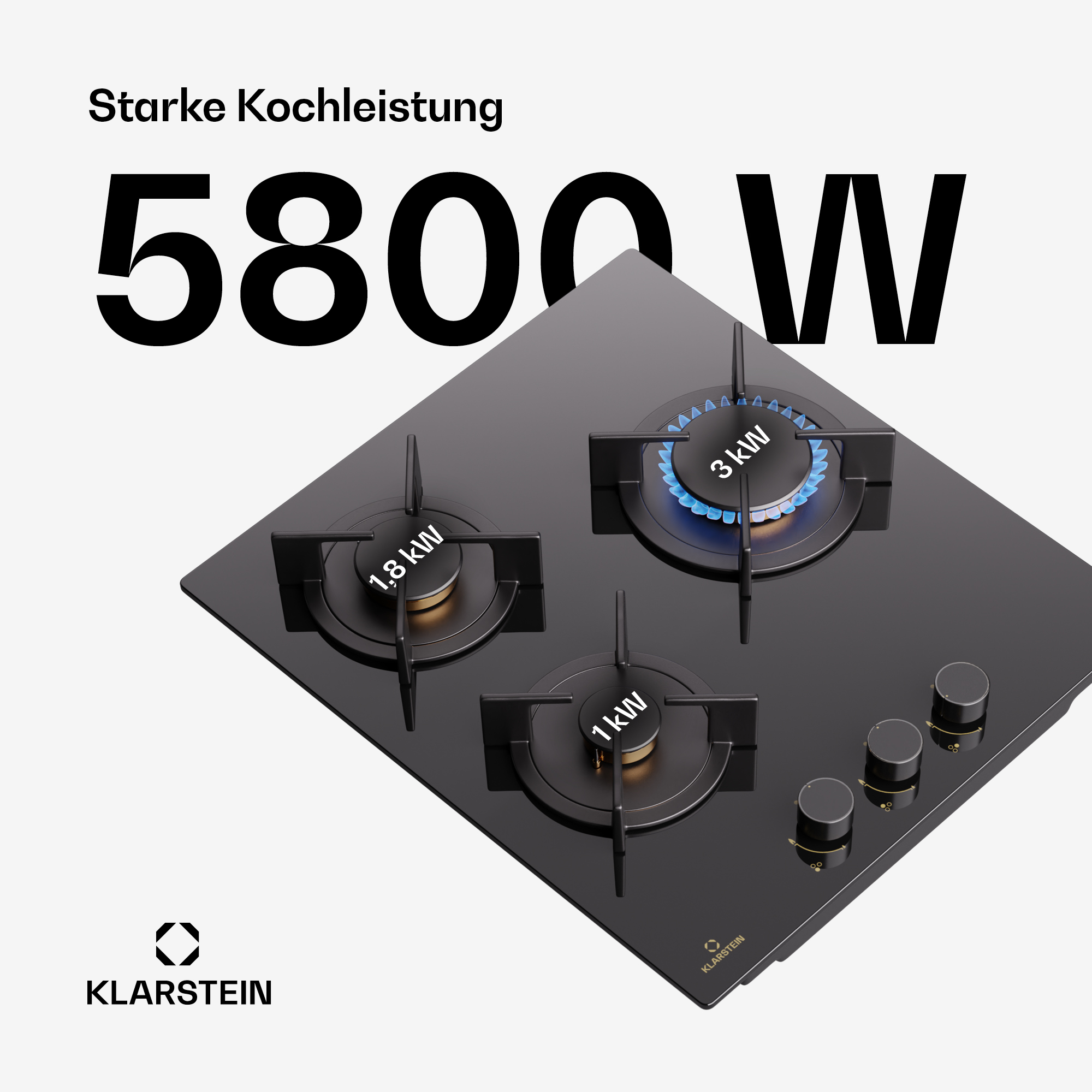 Placa de gas negra con 3 quemadores: 1,8kW, 3kW y 1kW. Uno está encendido.