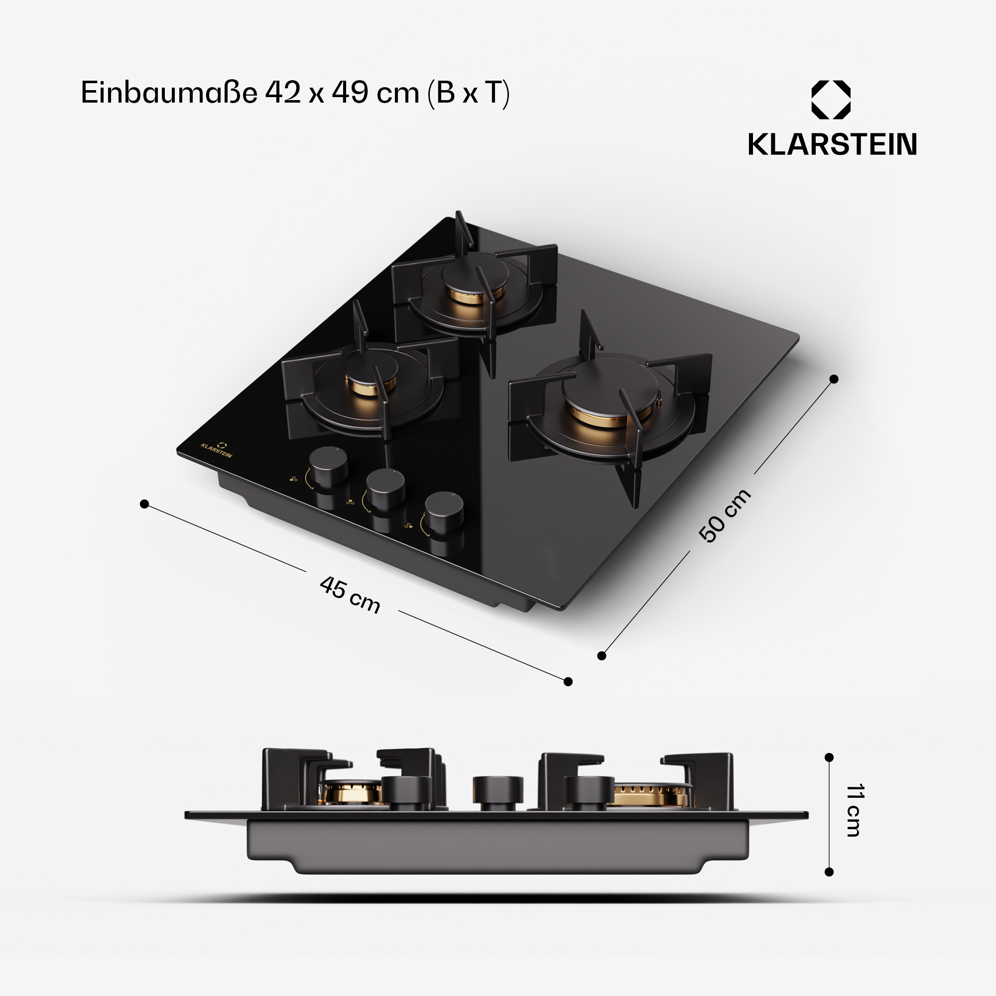 Placa de gas negra con tres quemadores, medidas 45x50x11cm.