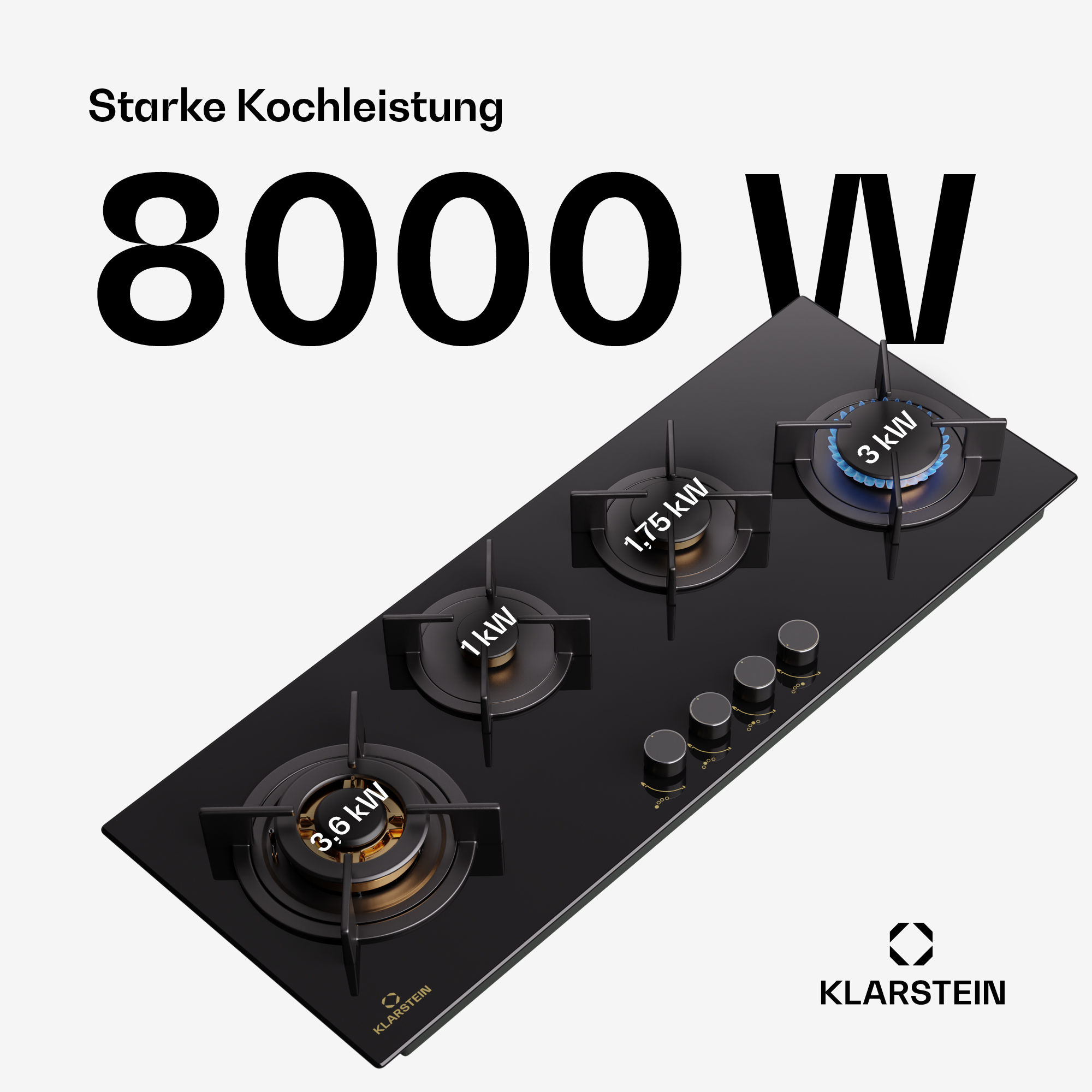 Schwarzer Gaskochfeld mit vier Brennern, 8000W Leistung, Klarstein Logo.