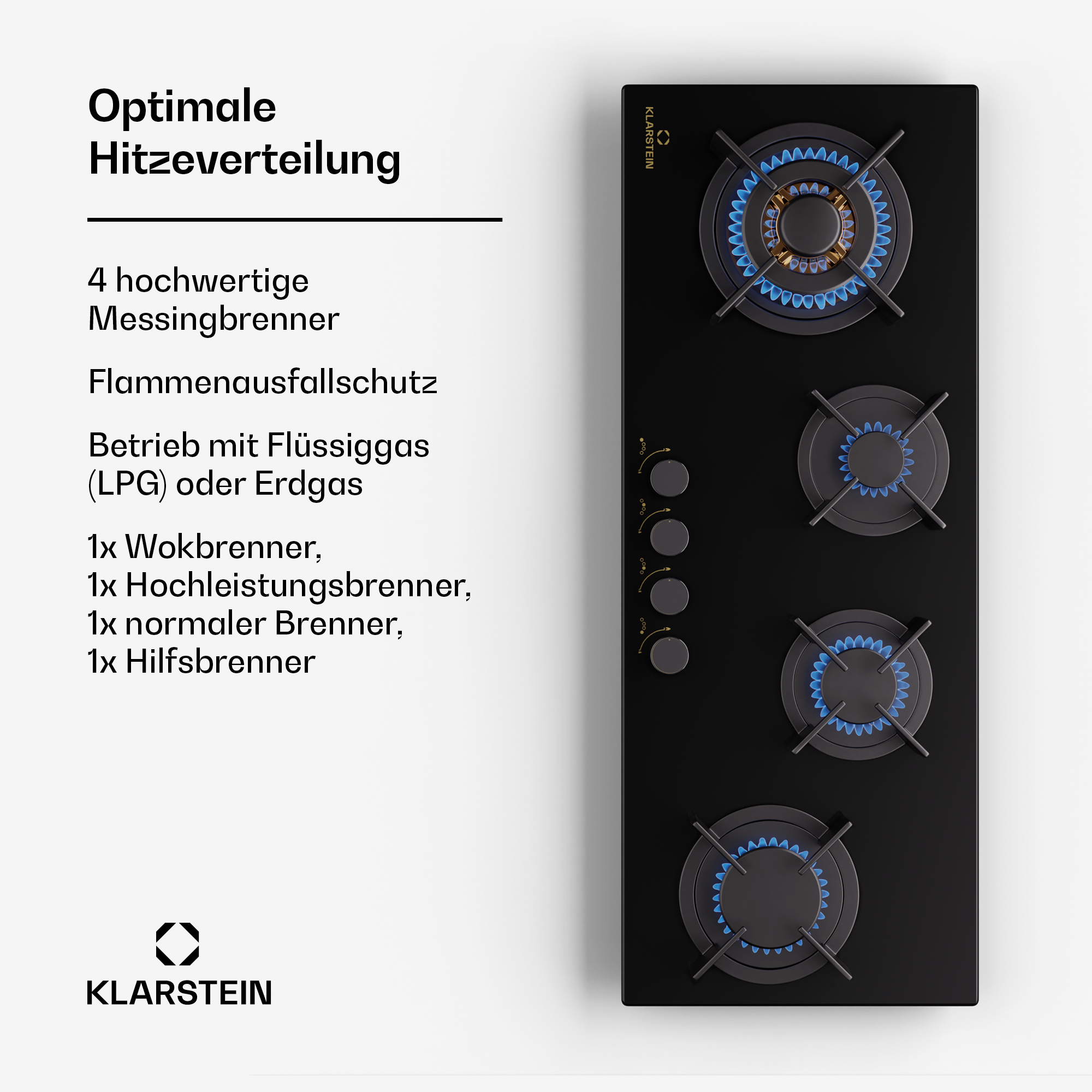 Schwarzer Klarstein Gaskochfeld mit vier Brennern und blauen Flammen.