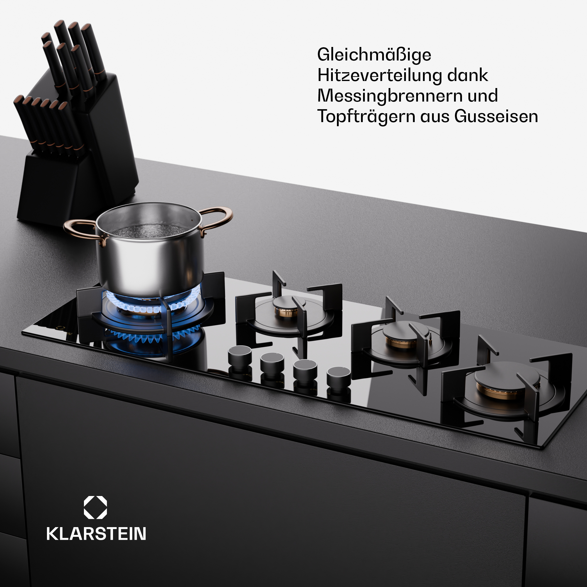 Ein Gaskochfeld mit Topf, Messerblock und Klarstein-Logo.