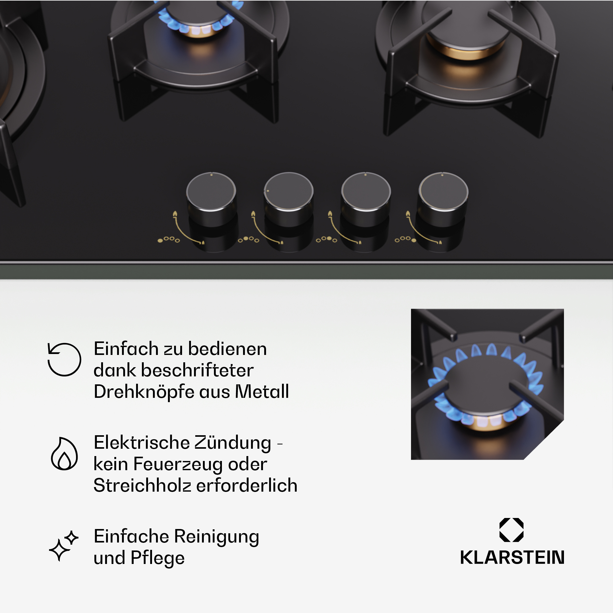 Schwarzer Gaskochfeld mit vier Brennern und Drehknöpfen. Blaue Flamme auf einem Brenner.