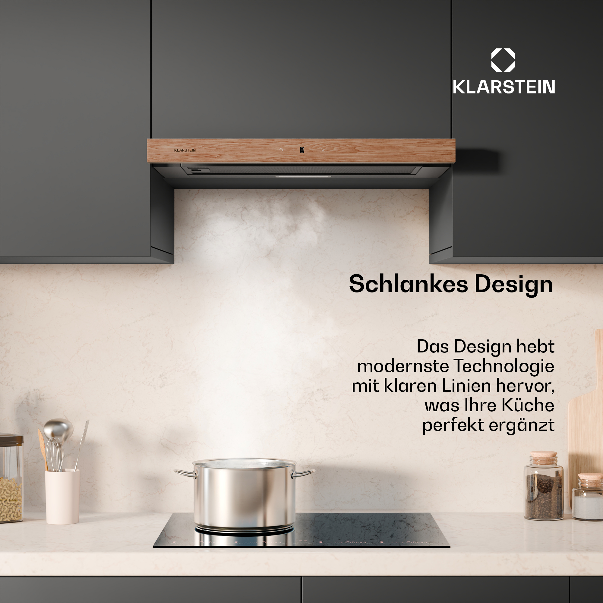 Cucina moderna con cappa, piano cottura e pentola. Design snello.