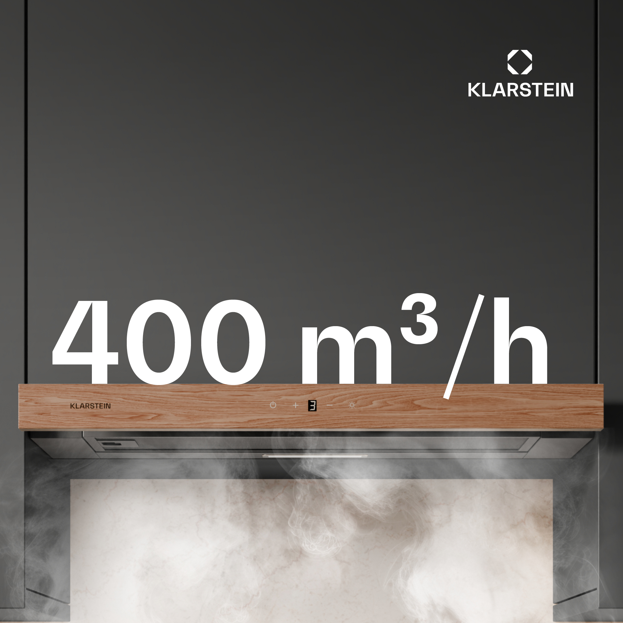 Cappa aspirante da 400 m³/h, finitura legno e logo Klarstein.