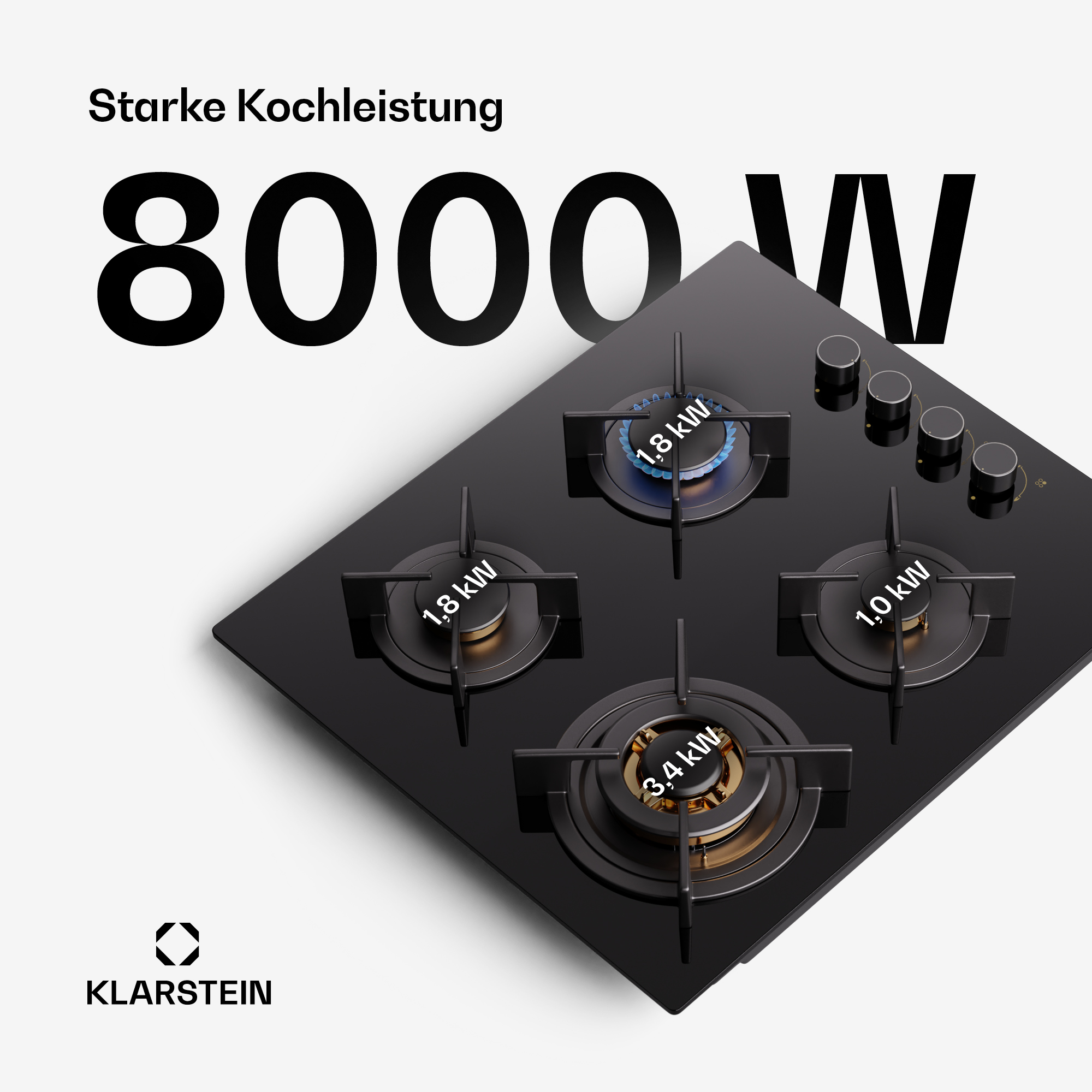 Schwarze Gaskochfeld mit vier Brennern, 8000 W Leistung.