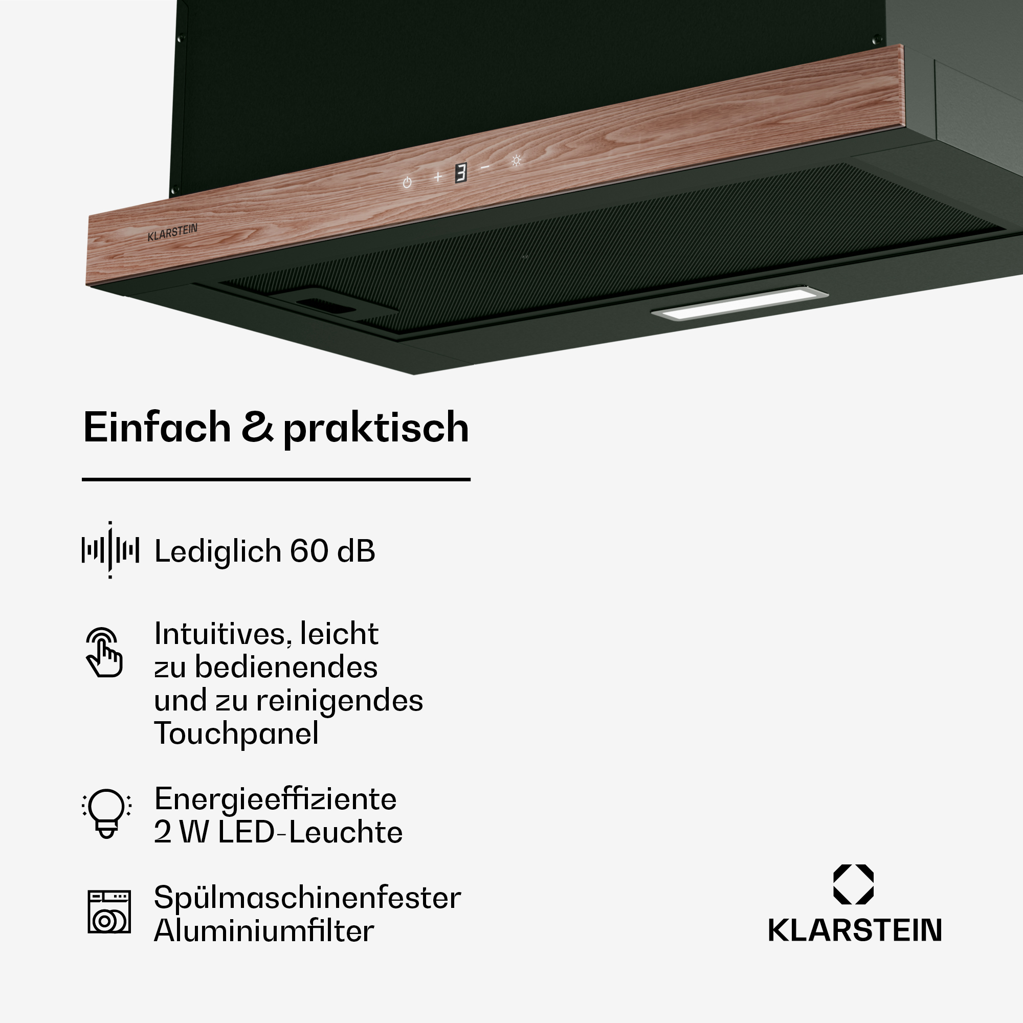 Cappa con frontale in legno, pannello touch e illuminazione LED.