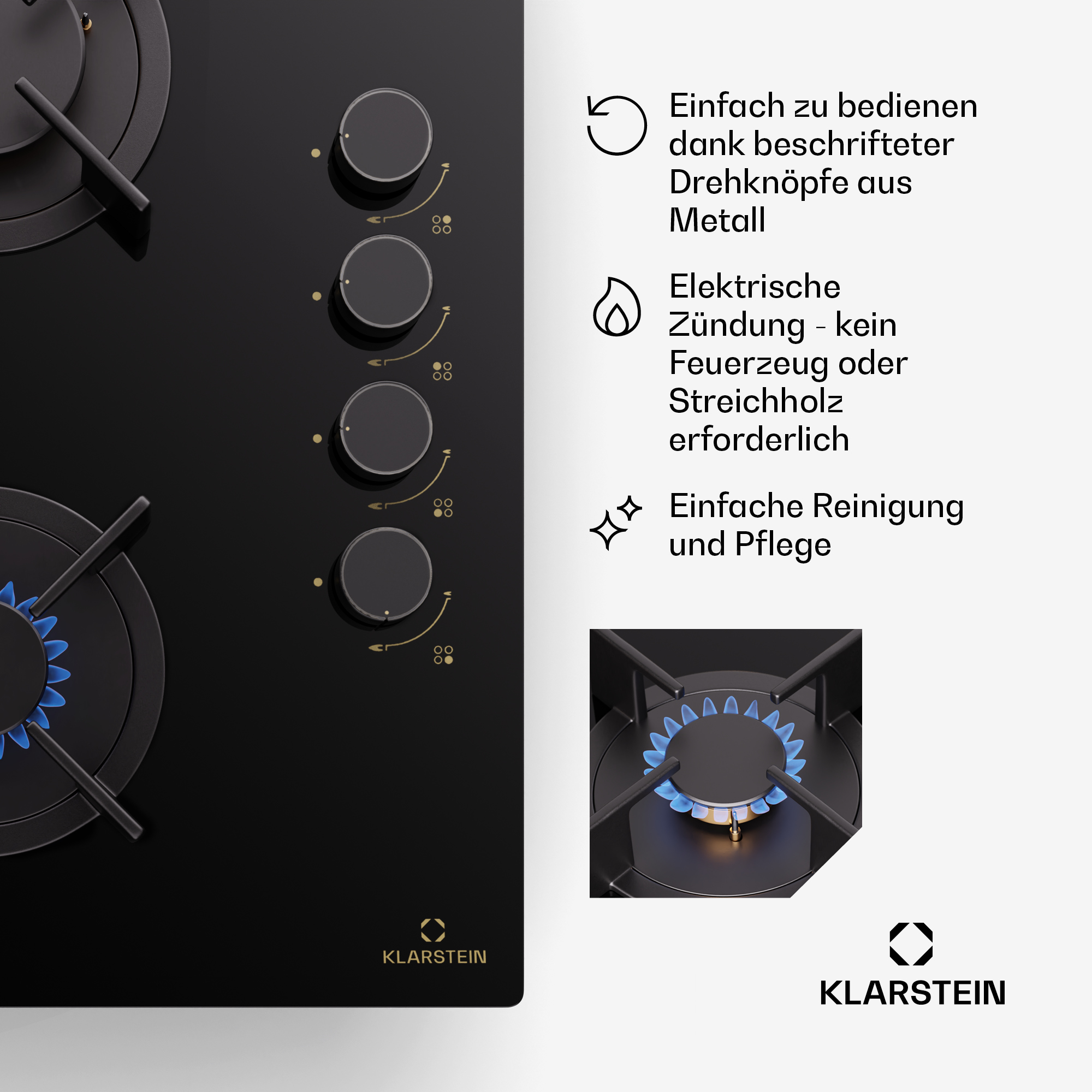 Schwarze Kochfeld mit vier Drehknöpfen und Gasbrennern. Klarstein Logo.