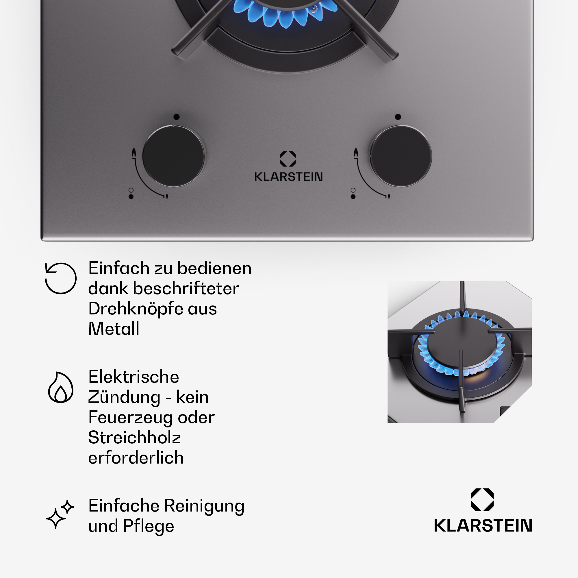 Gasherd mit zwei Drehknöpfen und blauer Flamme. Klarstein Logo.