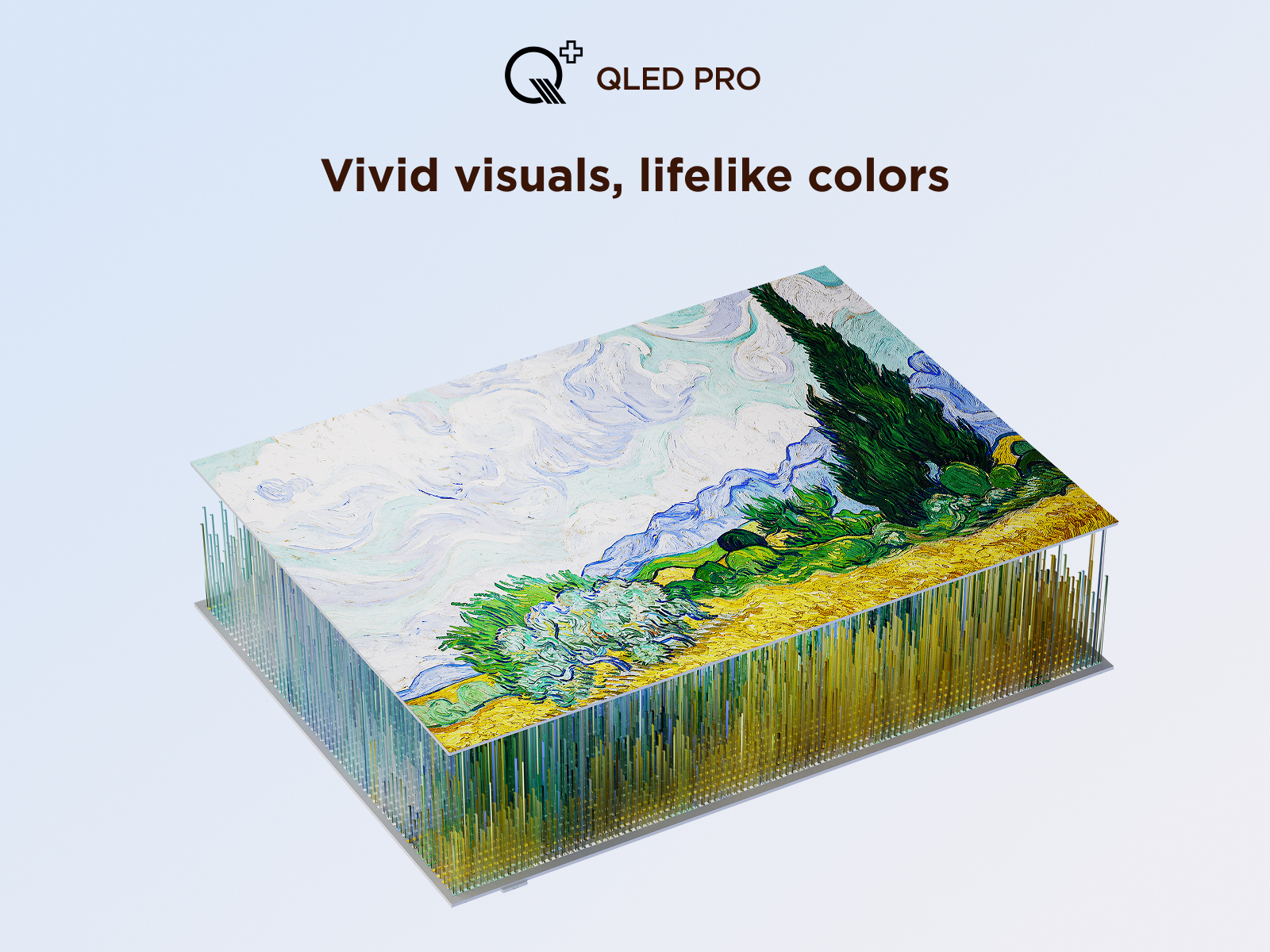 Obraz QLED PRO przedstawia abstrakcyjną interpretację dzieła sztuki z drzewem i wirującymi wzorami.