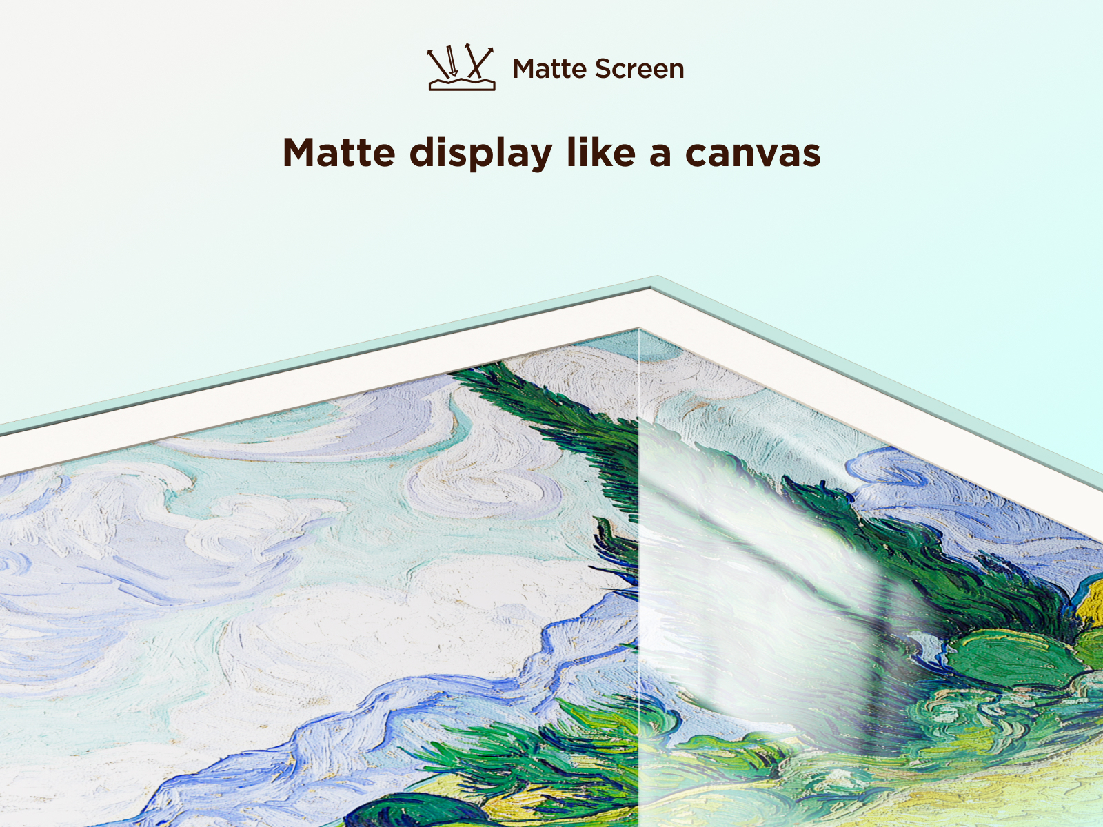 Matowy ekran przedstawiający obraz z niebieskim niebem i zielonymi drzewami.
