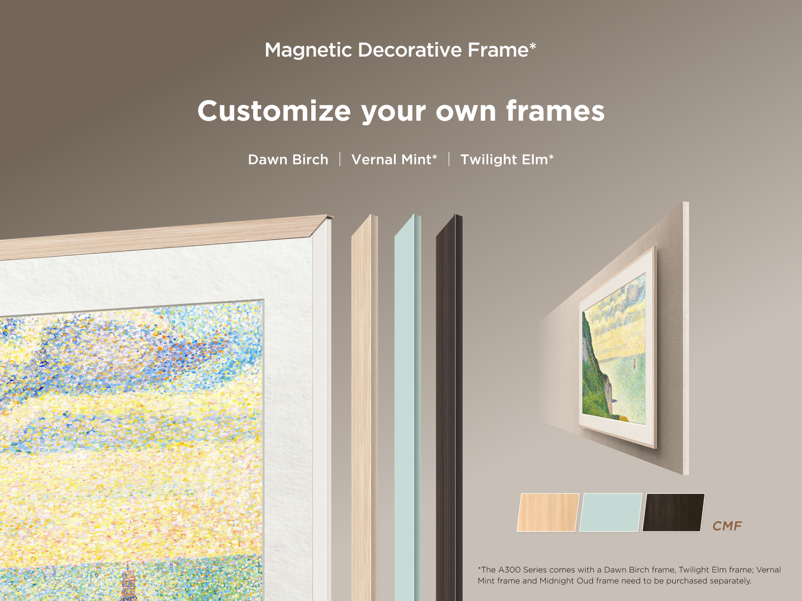 Magnetyczne ramki dekoracyjne: Dawn Birch, Vernal Mint, Twilight Elm.