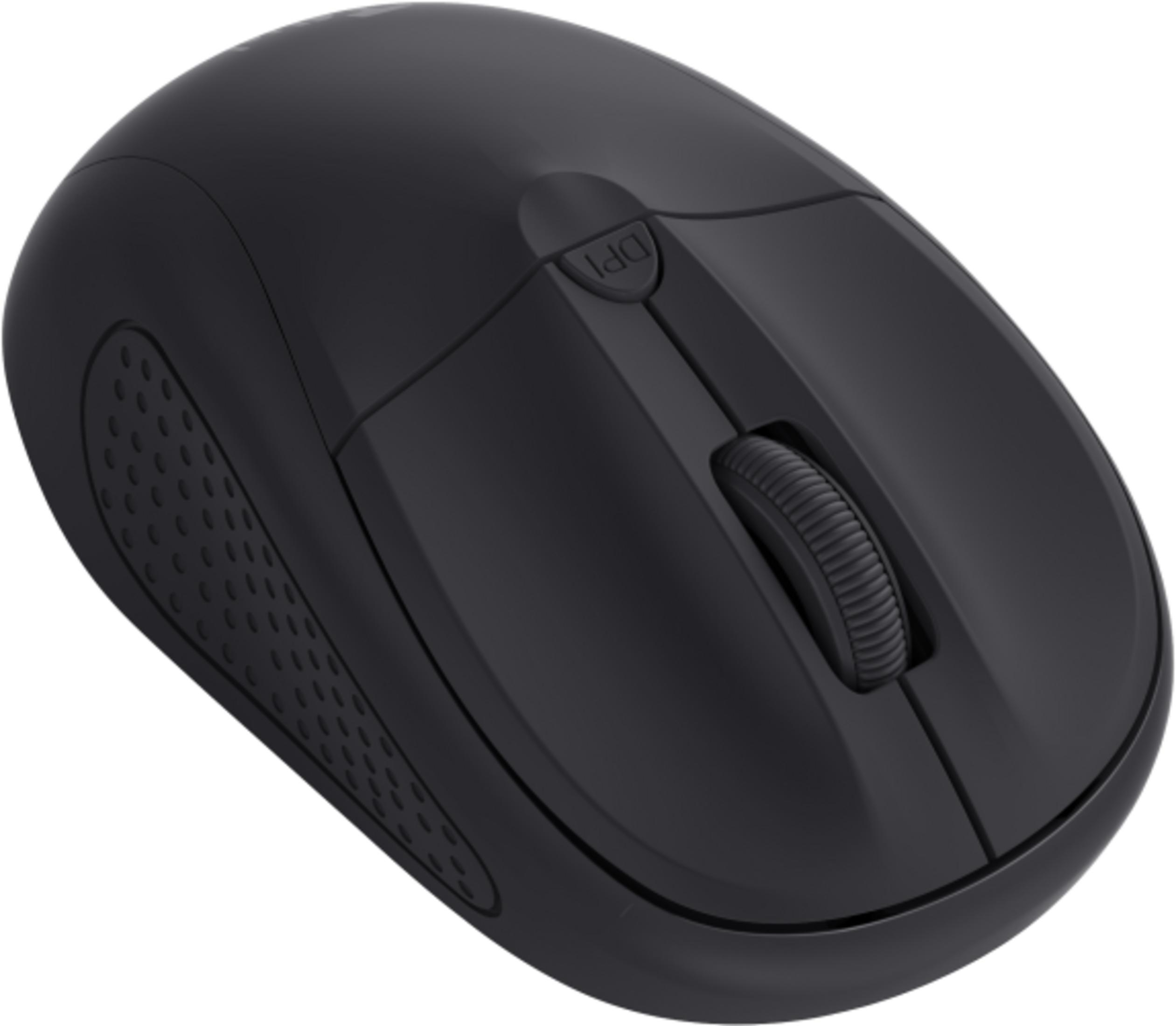 Schwarze Computermaus mit Scrollrad und DPI-Taste.