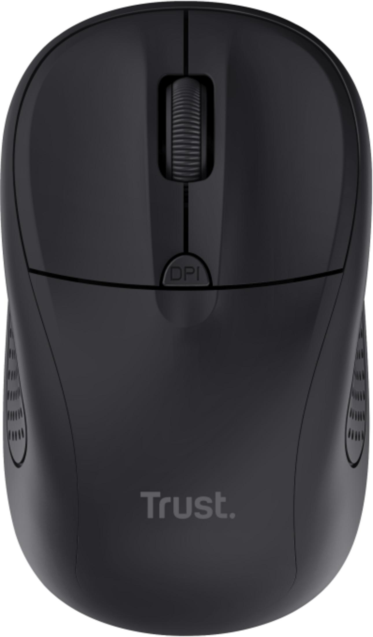 Schwarze Trust Computermaus mit Scrollrad und DPI-Taste.