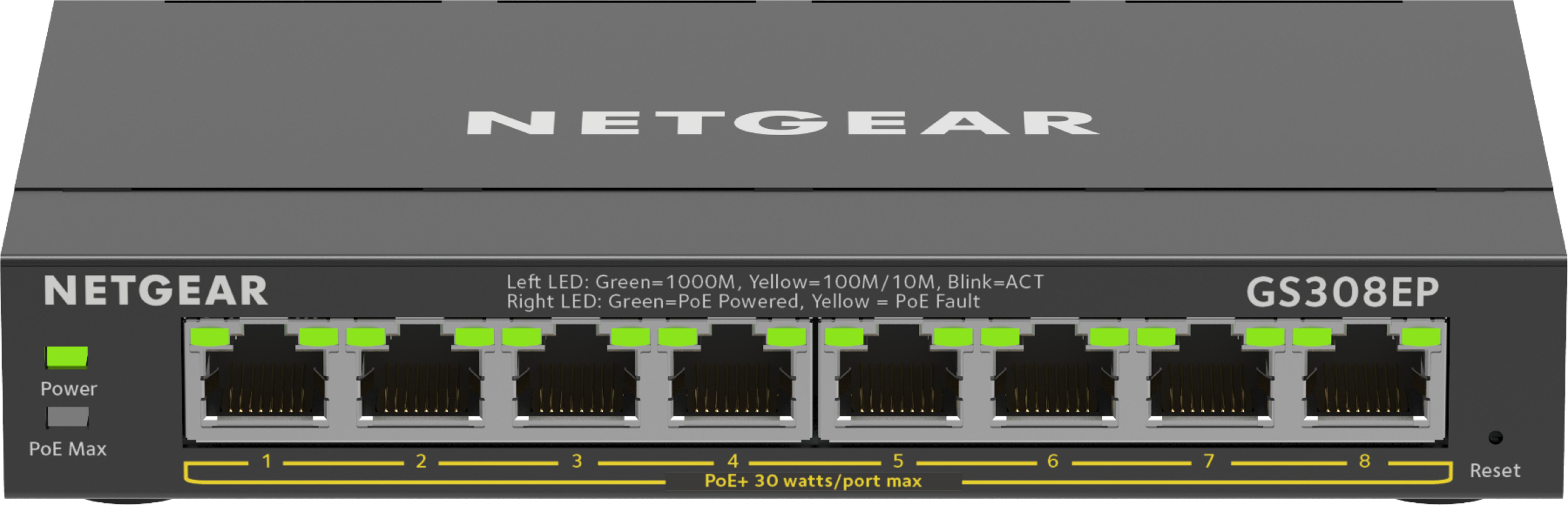 Szary przełącznik Netgear GS308EP z 8 portami i aktywnymi zielonymi diodami LED.