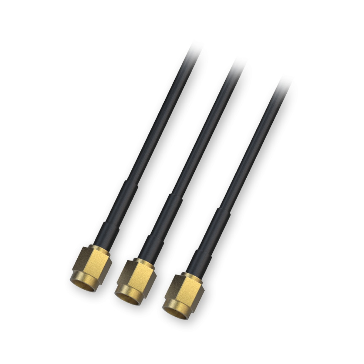 Drei schwarze Kabel mit goldenen Anschlüssen liegen nebeneinander.