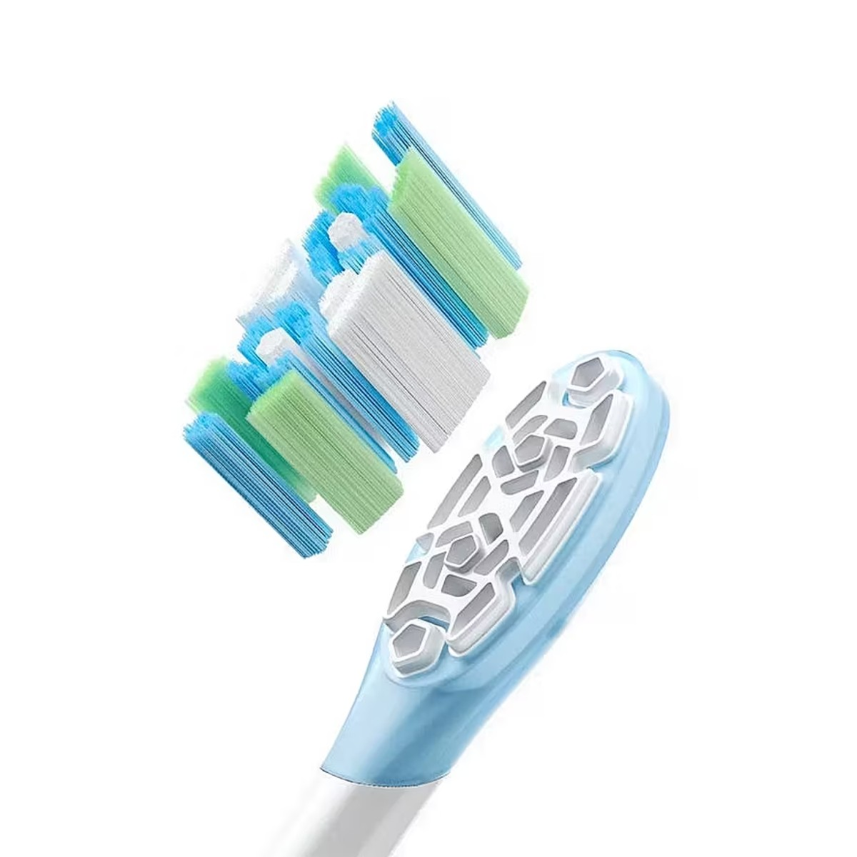 Testina di spazzolino blu con setole bianche, blu e verdi.
