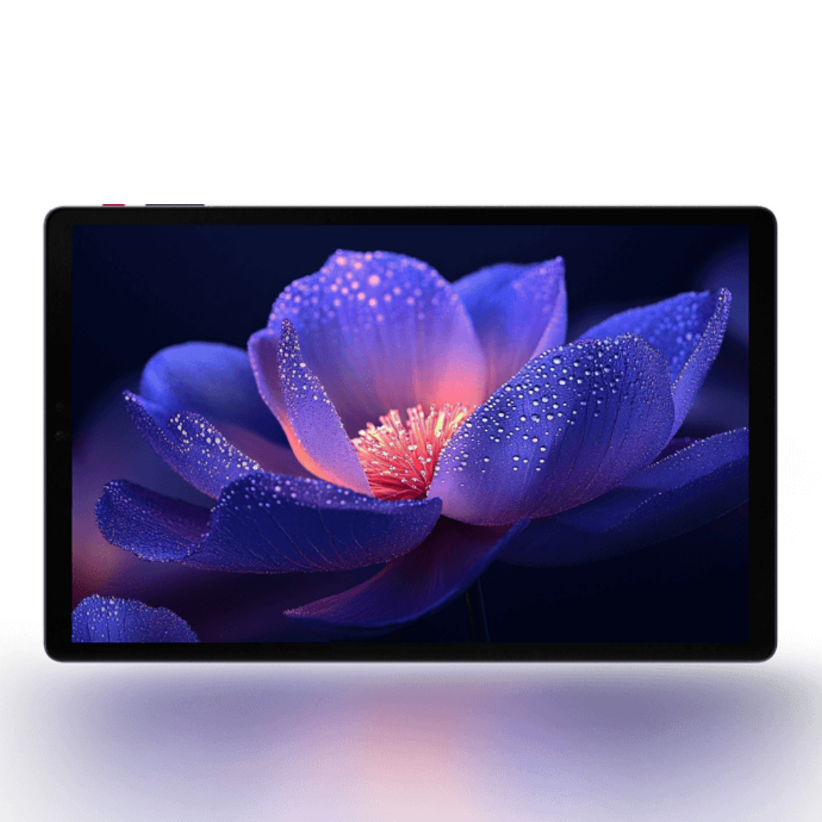 Un tablet che mostra un fiore di loto blu coperto di goccioline d'acqua.