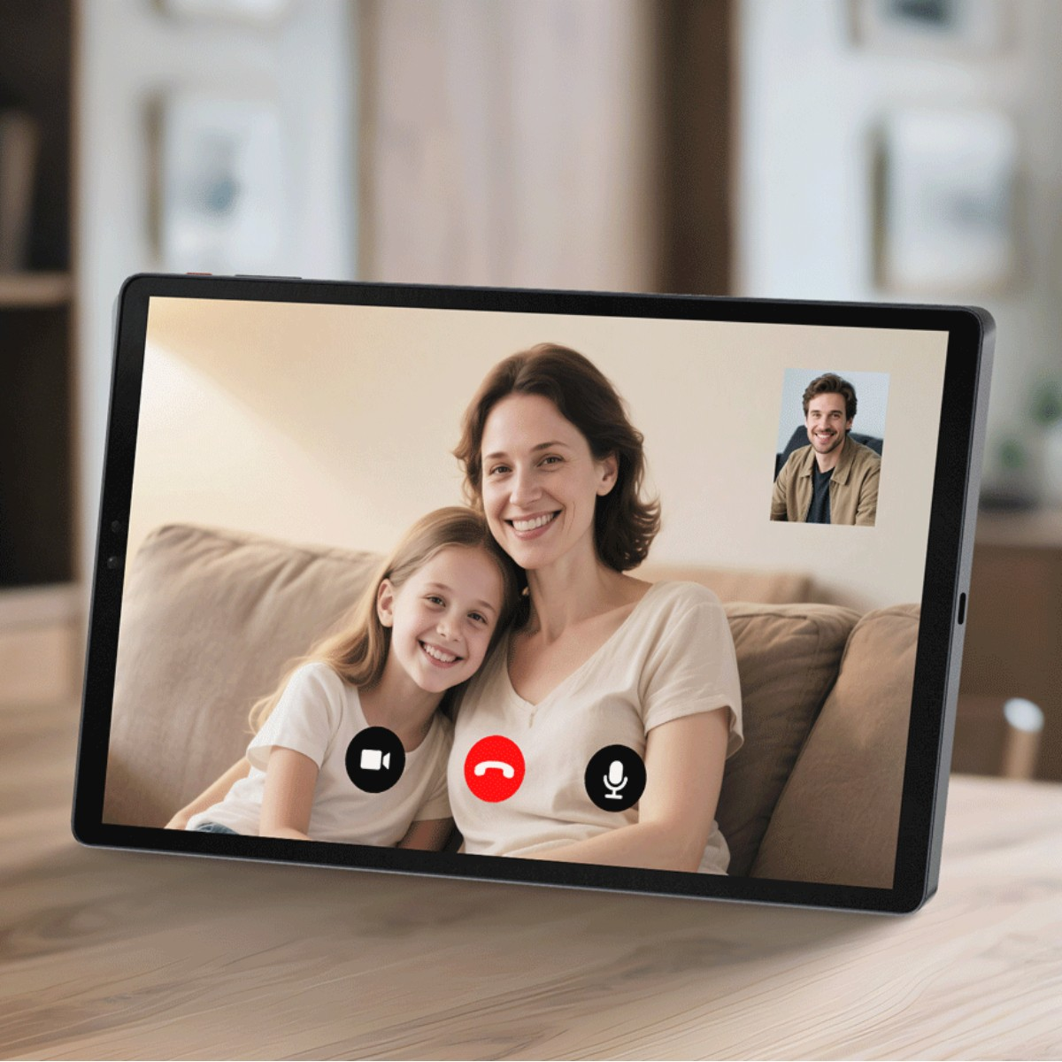 Madre e figlia sorridono durante una videochiamata su un tablet.