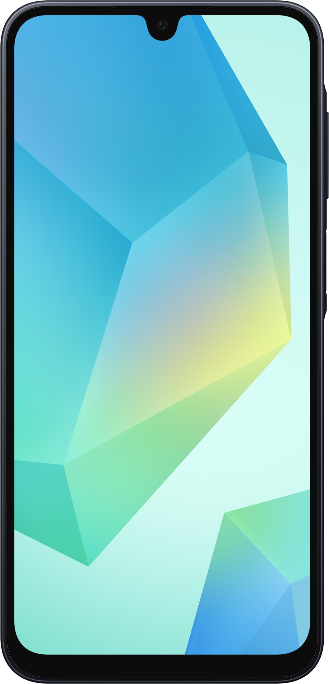 Smartphone con fondo geométrico azul verdoso y muesca.