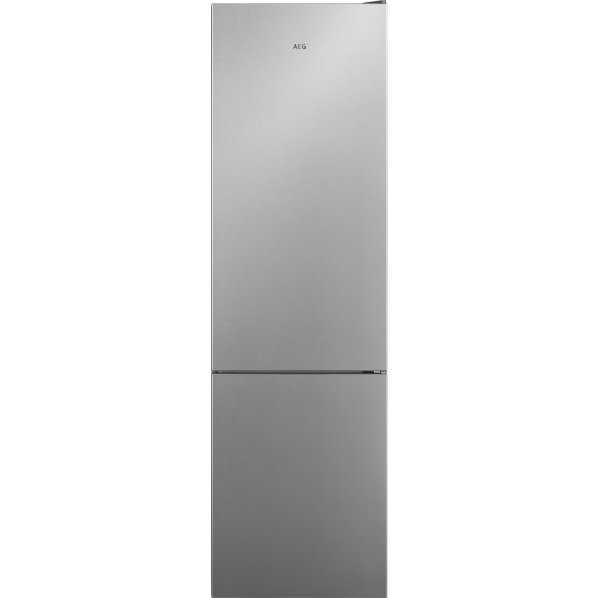 Un refrigerador plateado y elegante con dos puertas, logo AEG arriba.