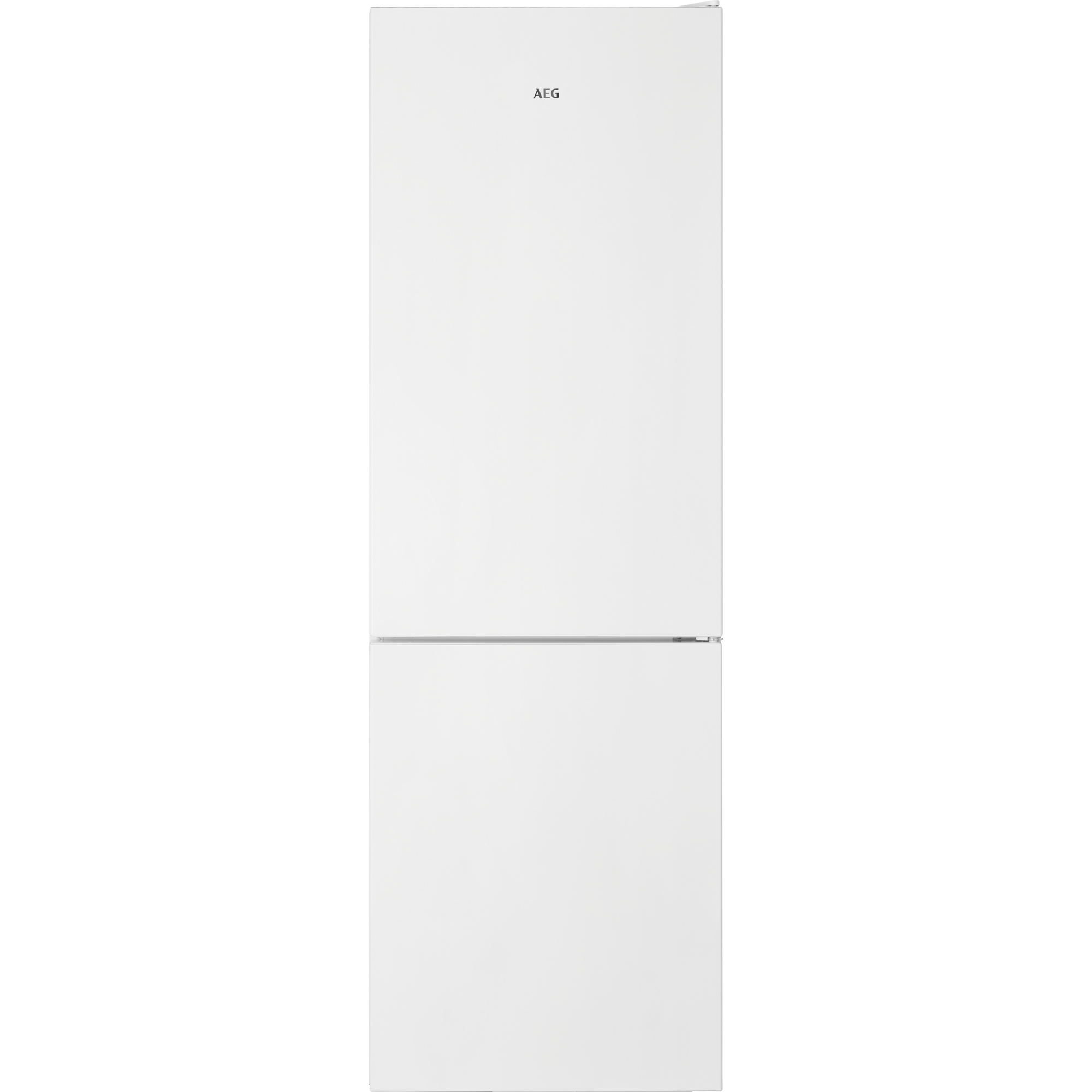 Un frigorífico AEG blanco con compartimento congelador, independiente.
