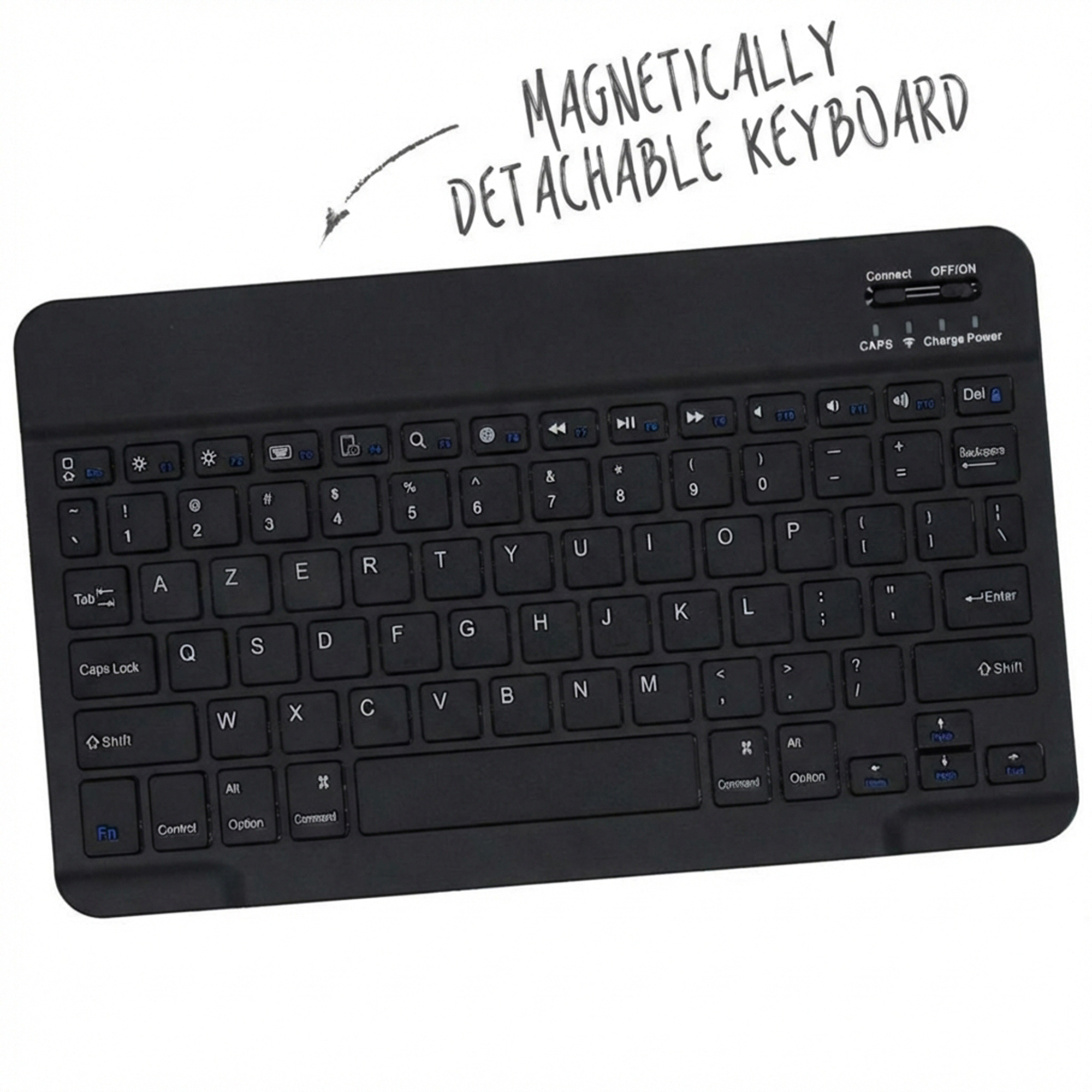 Zwart magnetisch afneembaar toetsenbord met QWERTY-indeling en bedieningselementen.
