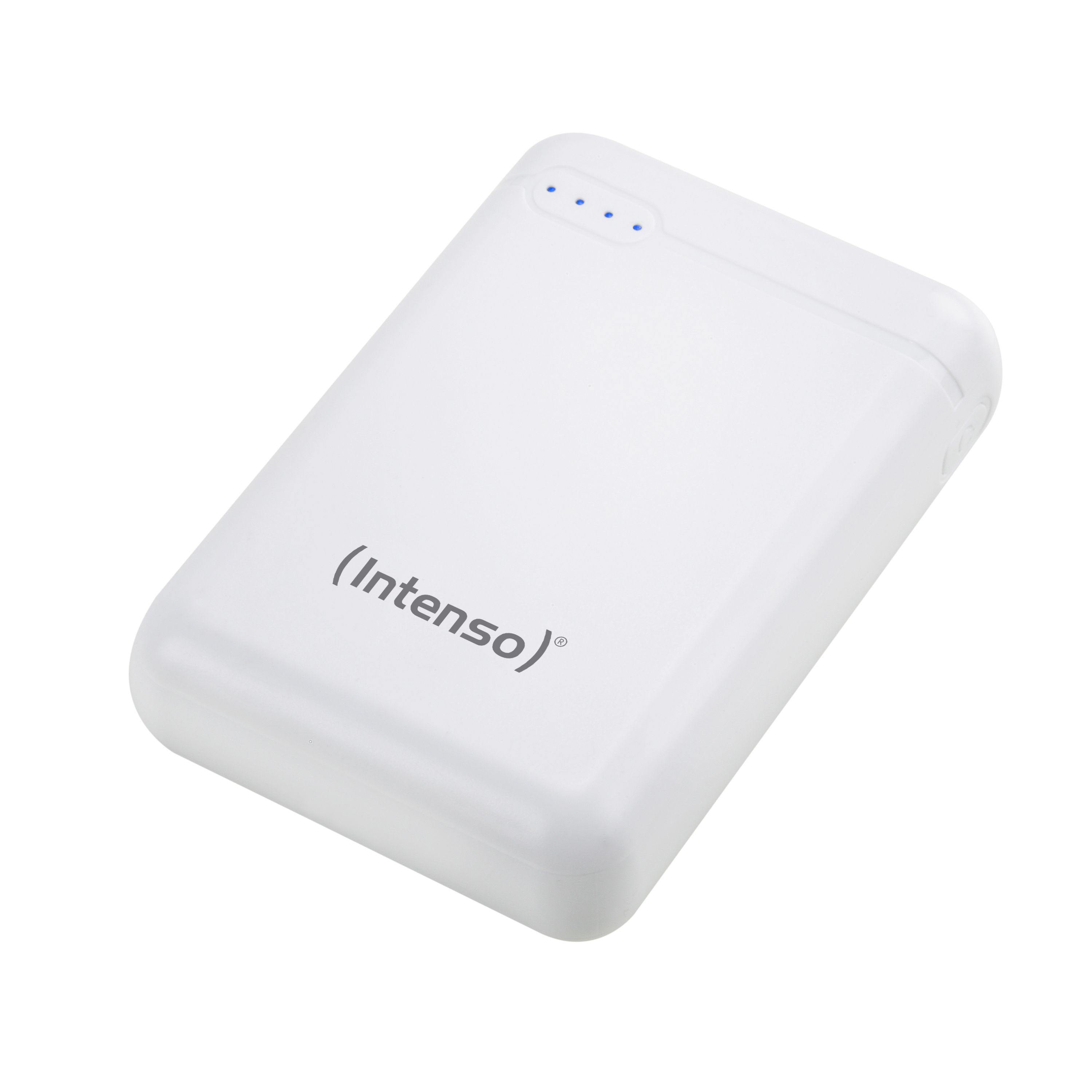 Ein weißes Intenso Powerbank mit blauen Ladeanzeigen.