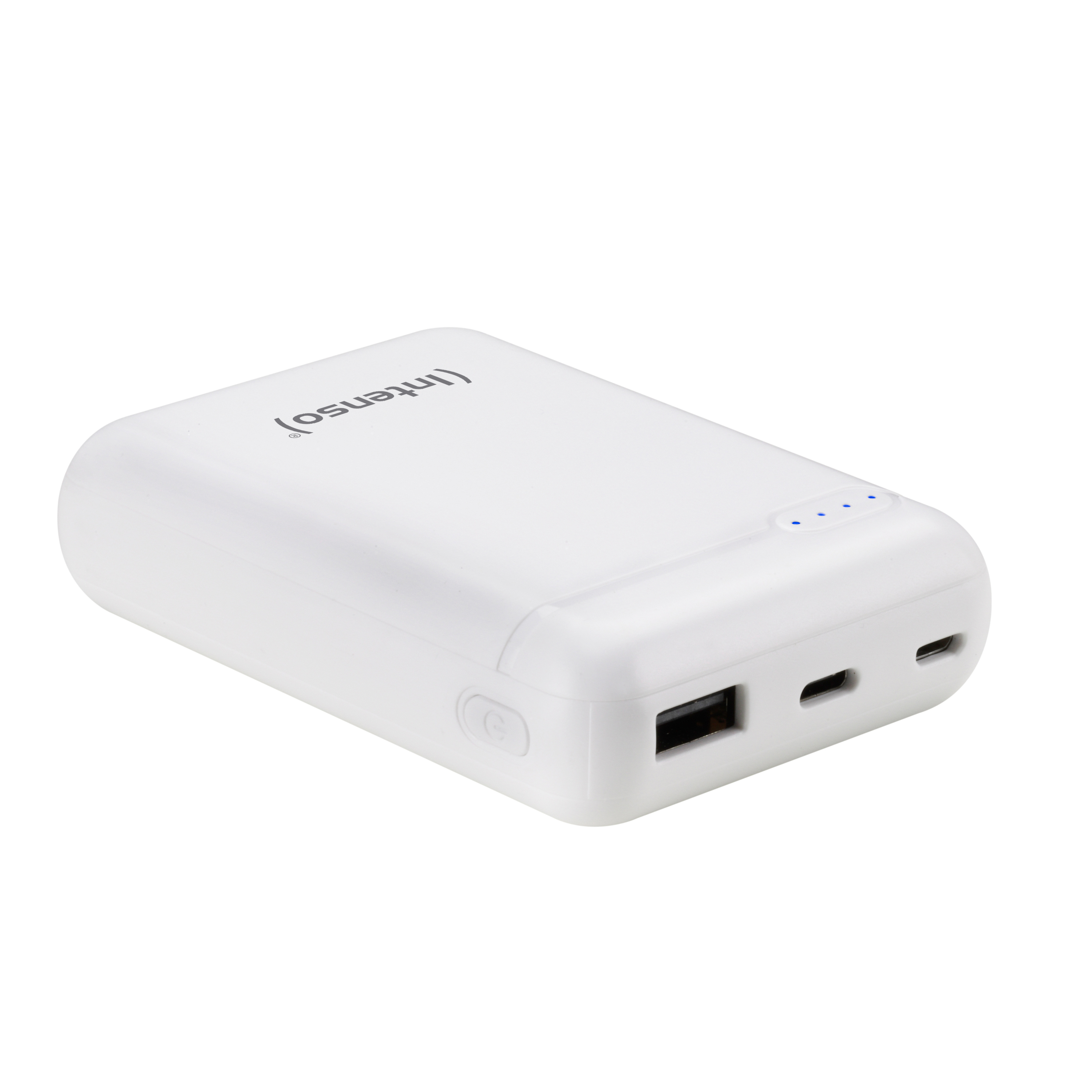 Ein weißes Powerbank-Gerät mit USB- und USB-C-Anschlüssen und blauen Ladeanzeigen.