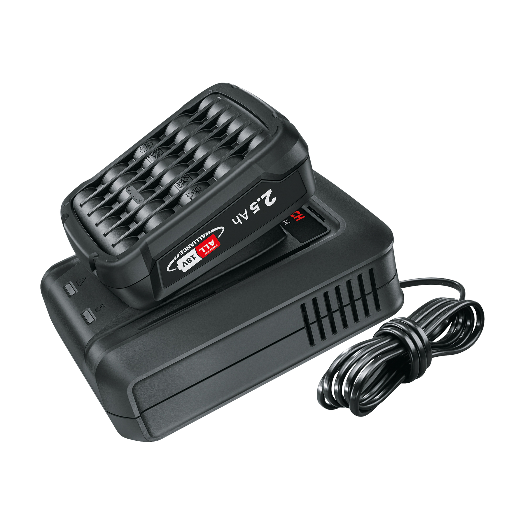 Caricabatterie nero con batteria da 18V, cavo avvolto.