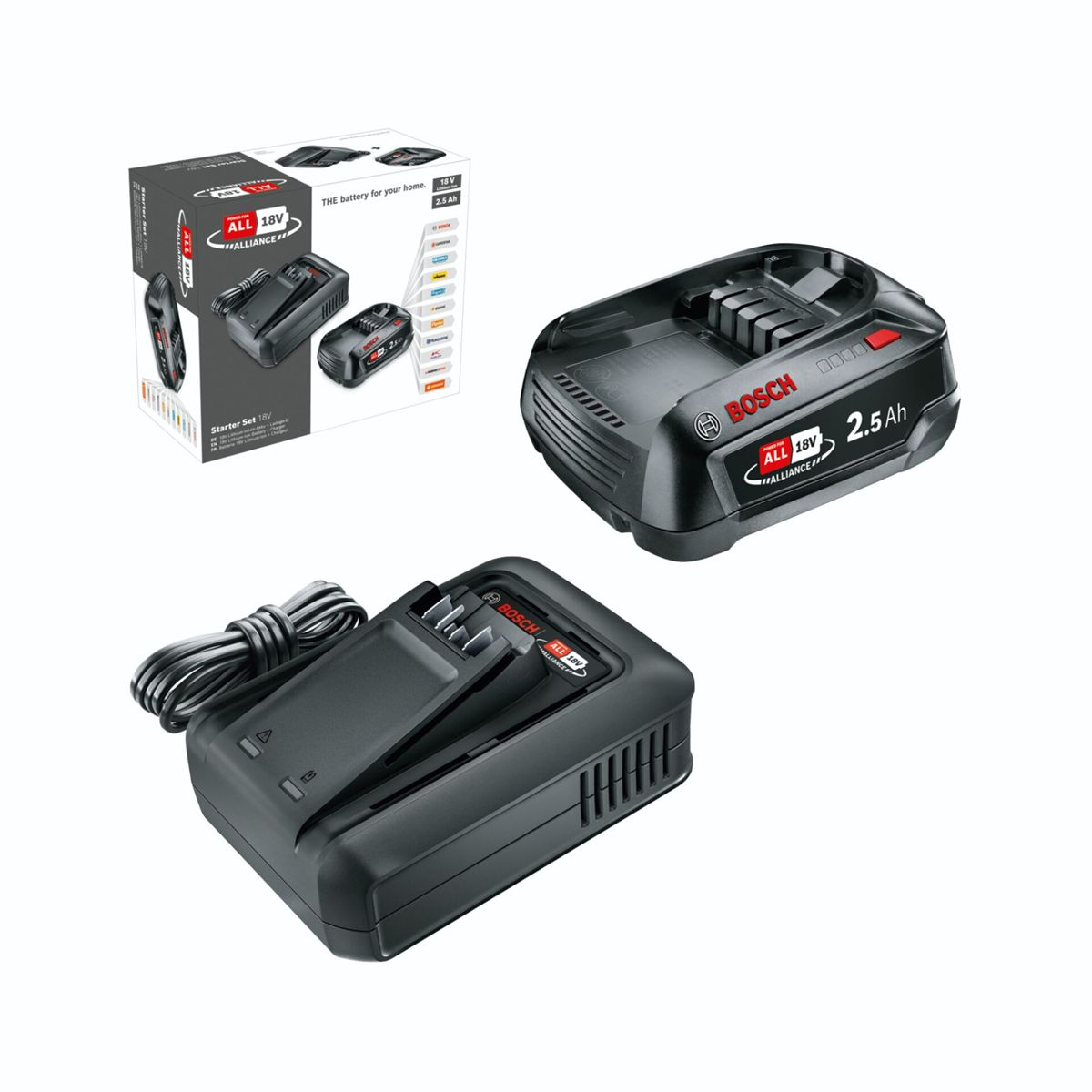 Bosch 18V pil ve şarj cihazı ambalajı ile.