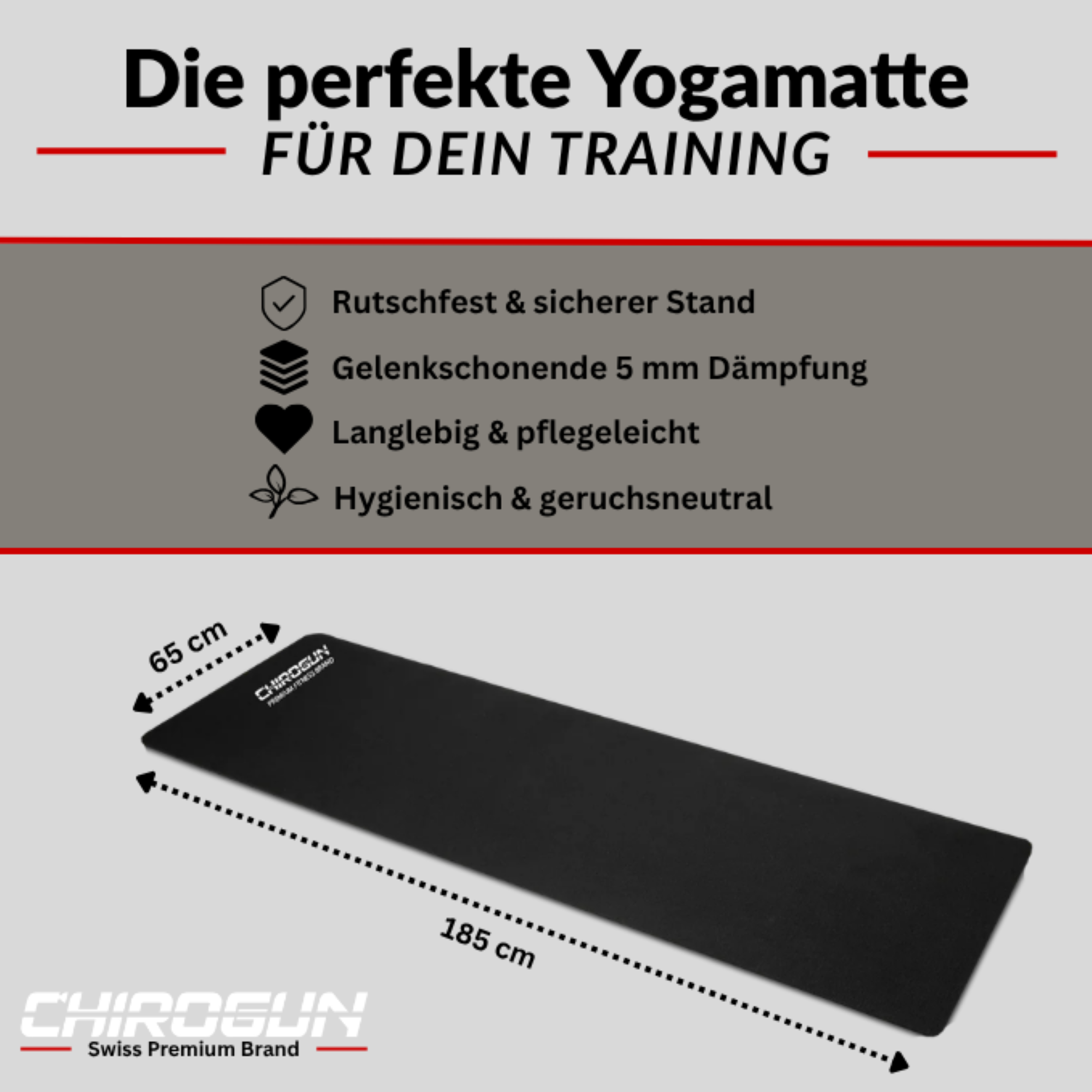 Schwarze Yogamatte, 185 x 65 cm, mit Text über Merkmale.