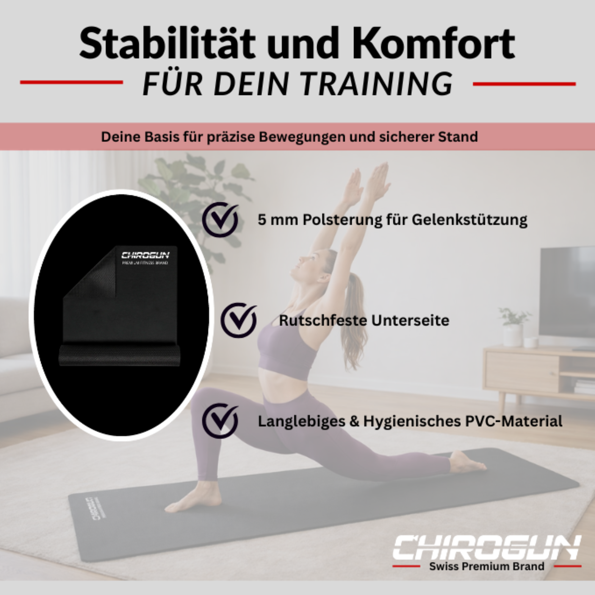 Frau macht Yoga auf einer Matte, mit Produktmerkmalen.