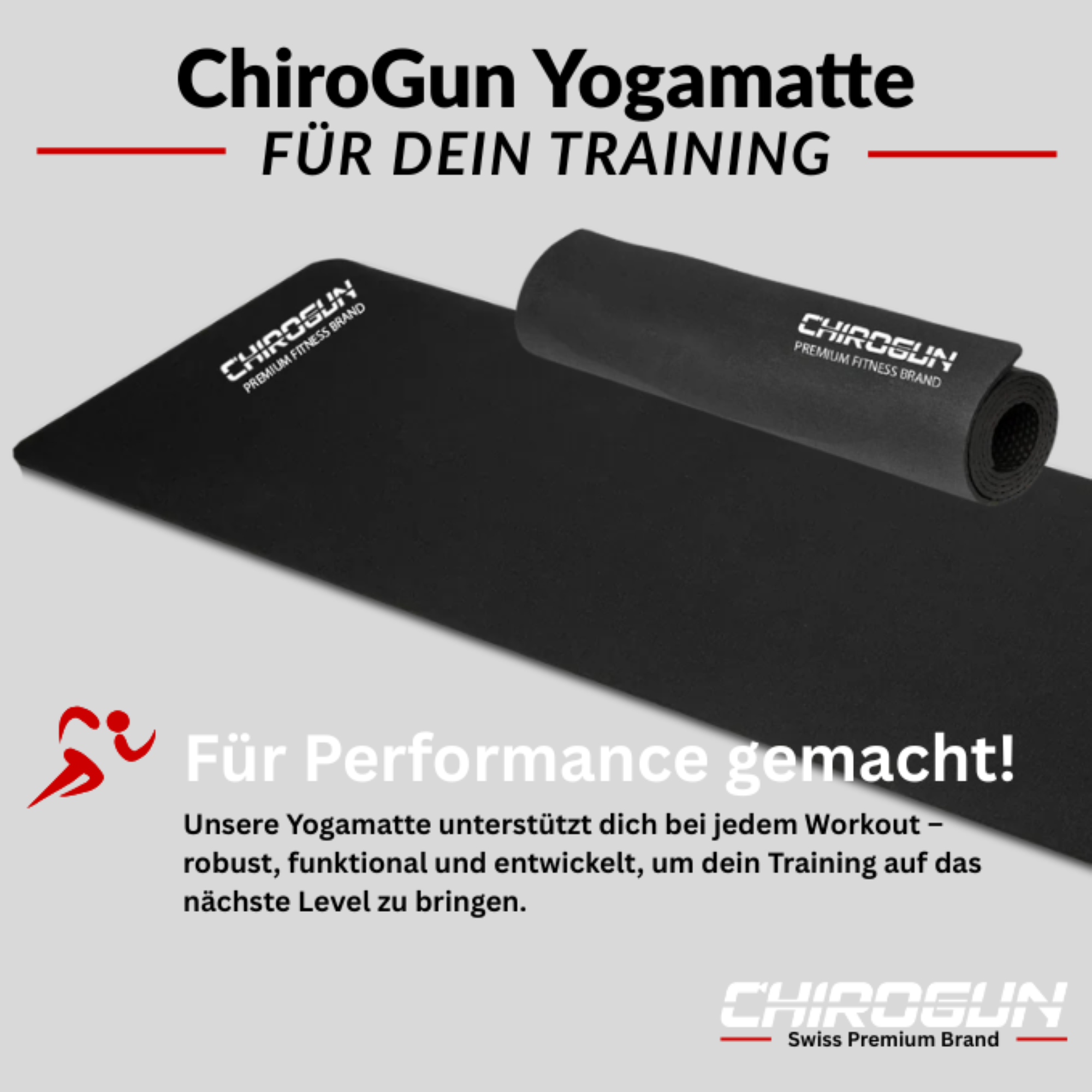 Schwarze ChiroGun Yogamatte für Training, mit Logo. Text: 'Für dein Training'.