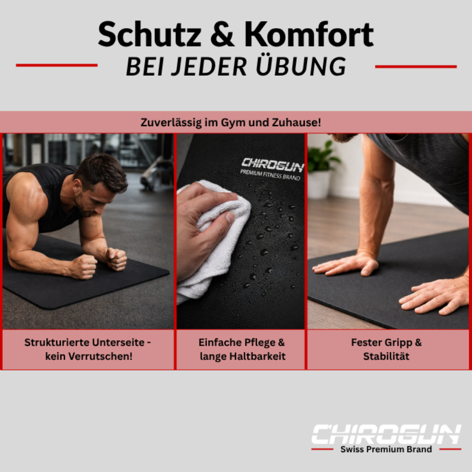 Mann in Plank-Position auf Matte; Hand wischt Wasser von Matte; Mann stützt sich auf Matte.