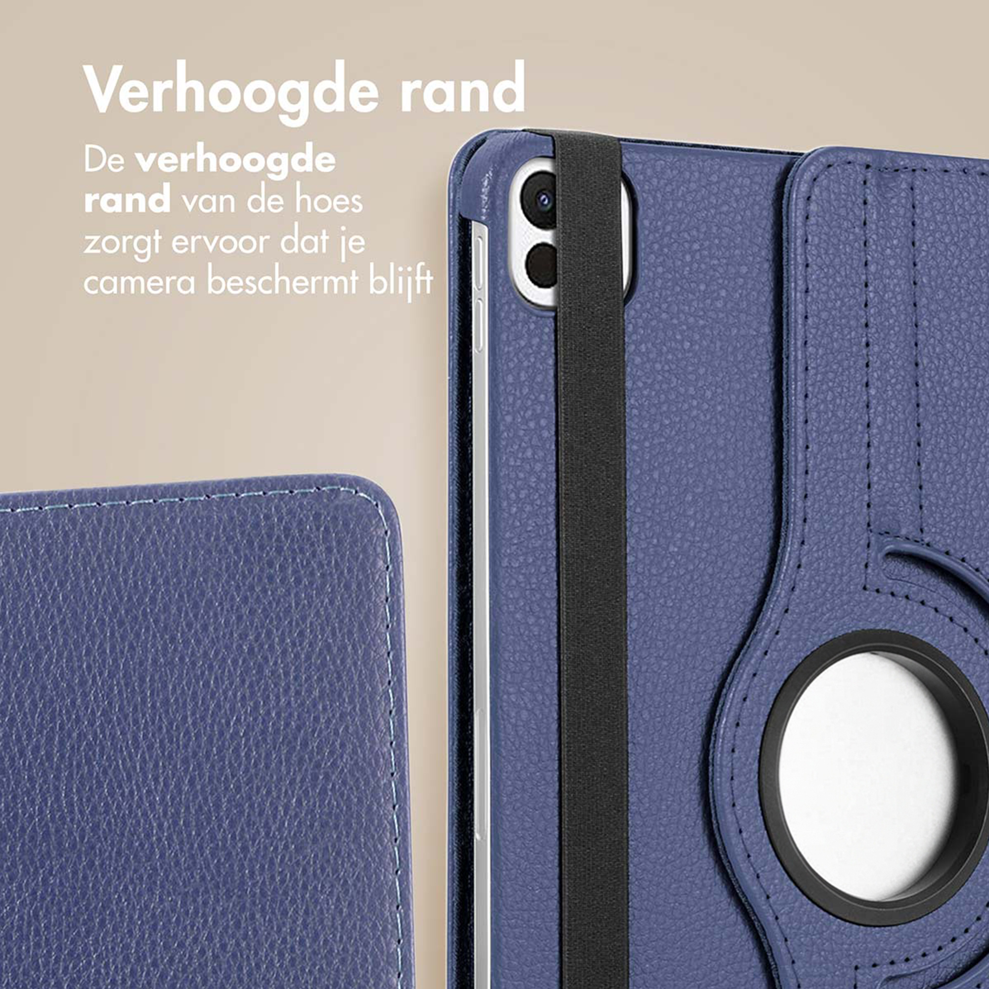 Blauw tablethoes met verhoogde rand en zwarte band. Close-up.