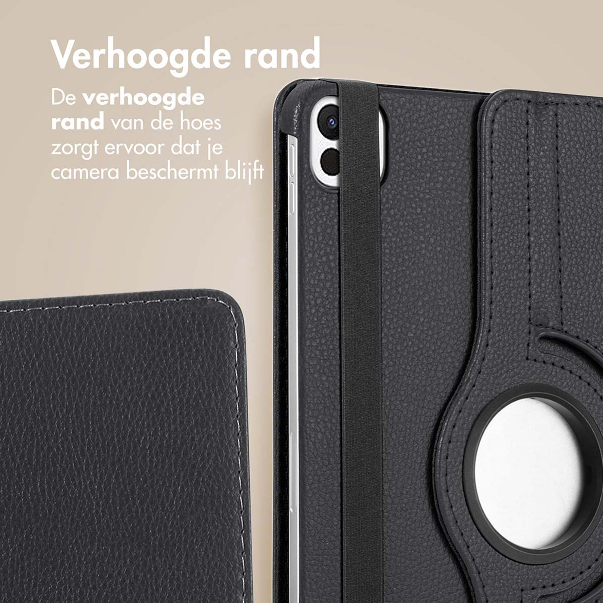 Zwarte telefoonhoes met verhoogde randen ter bescherming van de camera.
