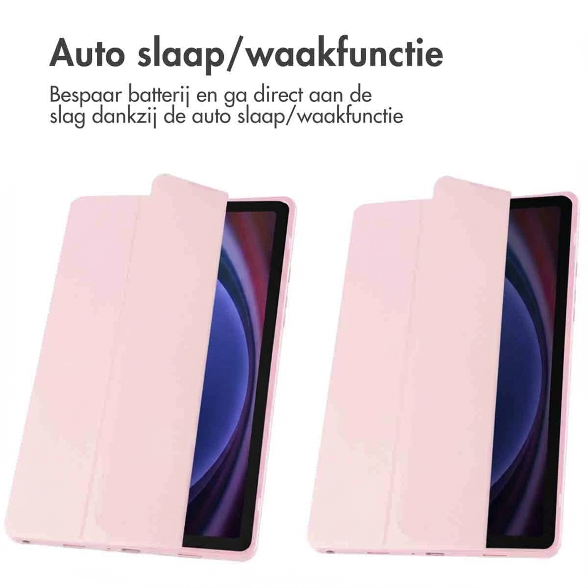 Two pink tablet cases with open flaps showing tablets.