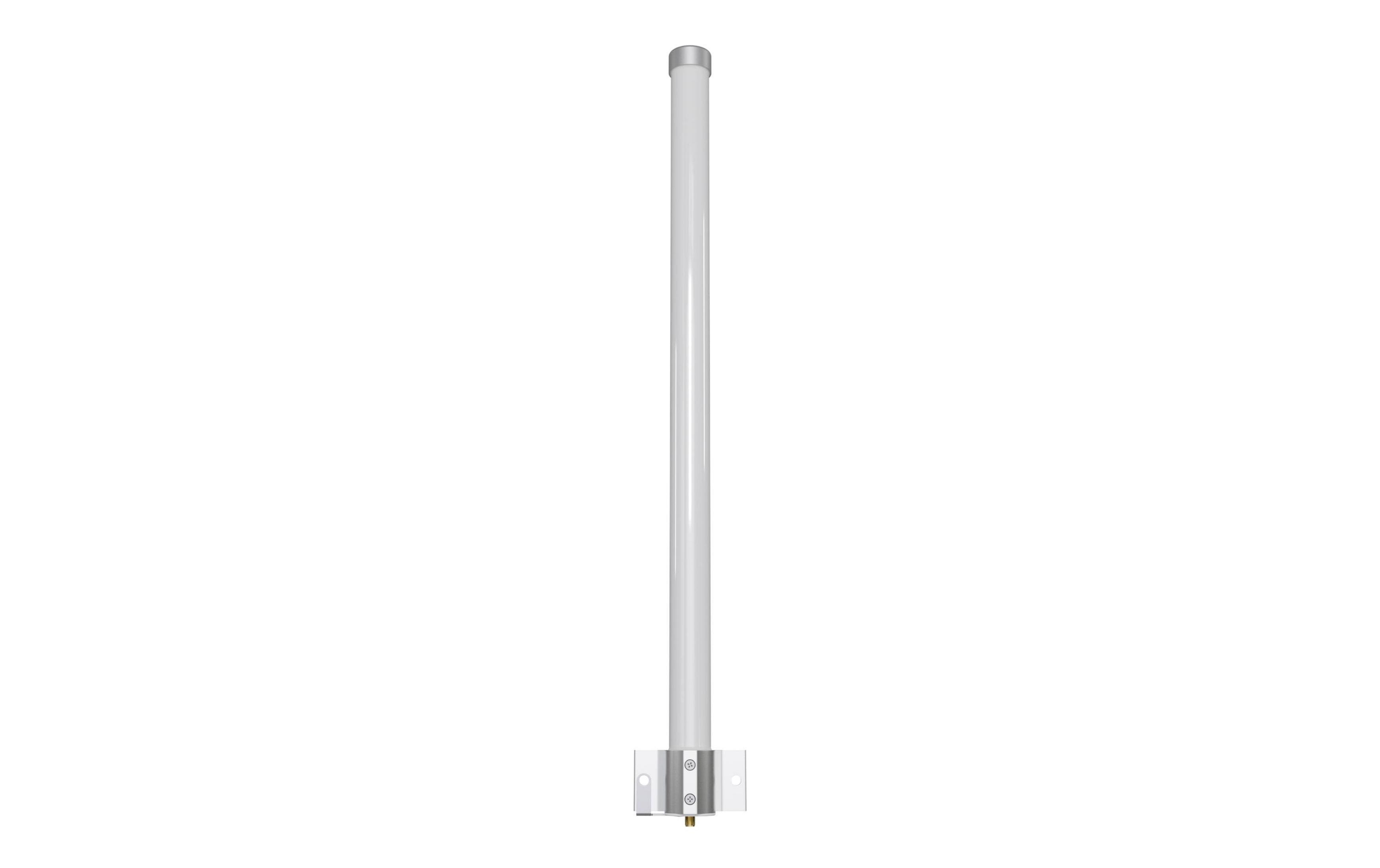 Un'antenna bianca con cappuccio e base argentati su sfondo bianco.