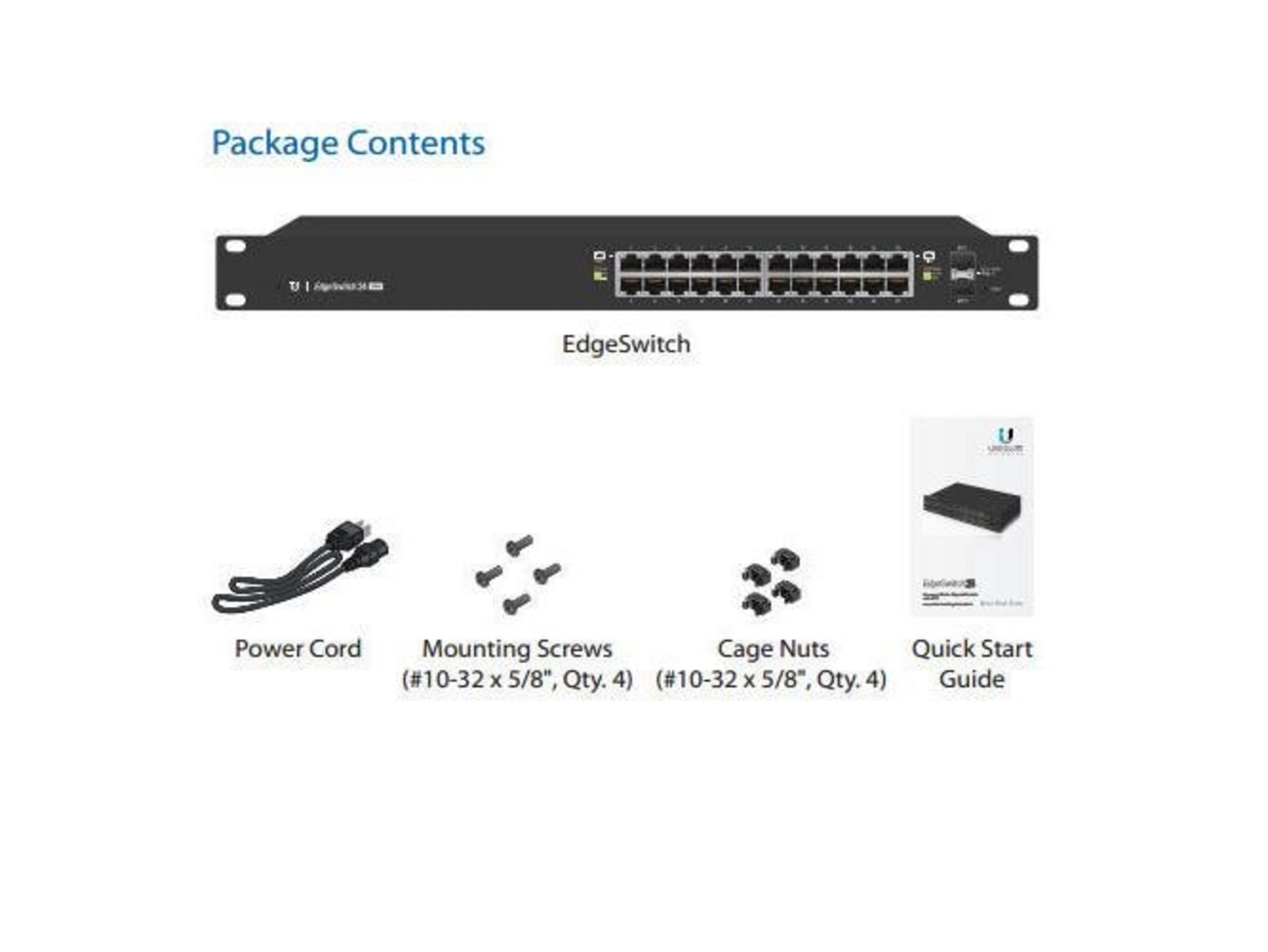 Zawartość opakowania: EdgeSwitch, kabel zasilający, śruby montażowe, nakrętki klatkowe, skrócona instrukcja.