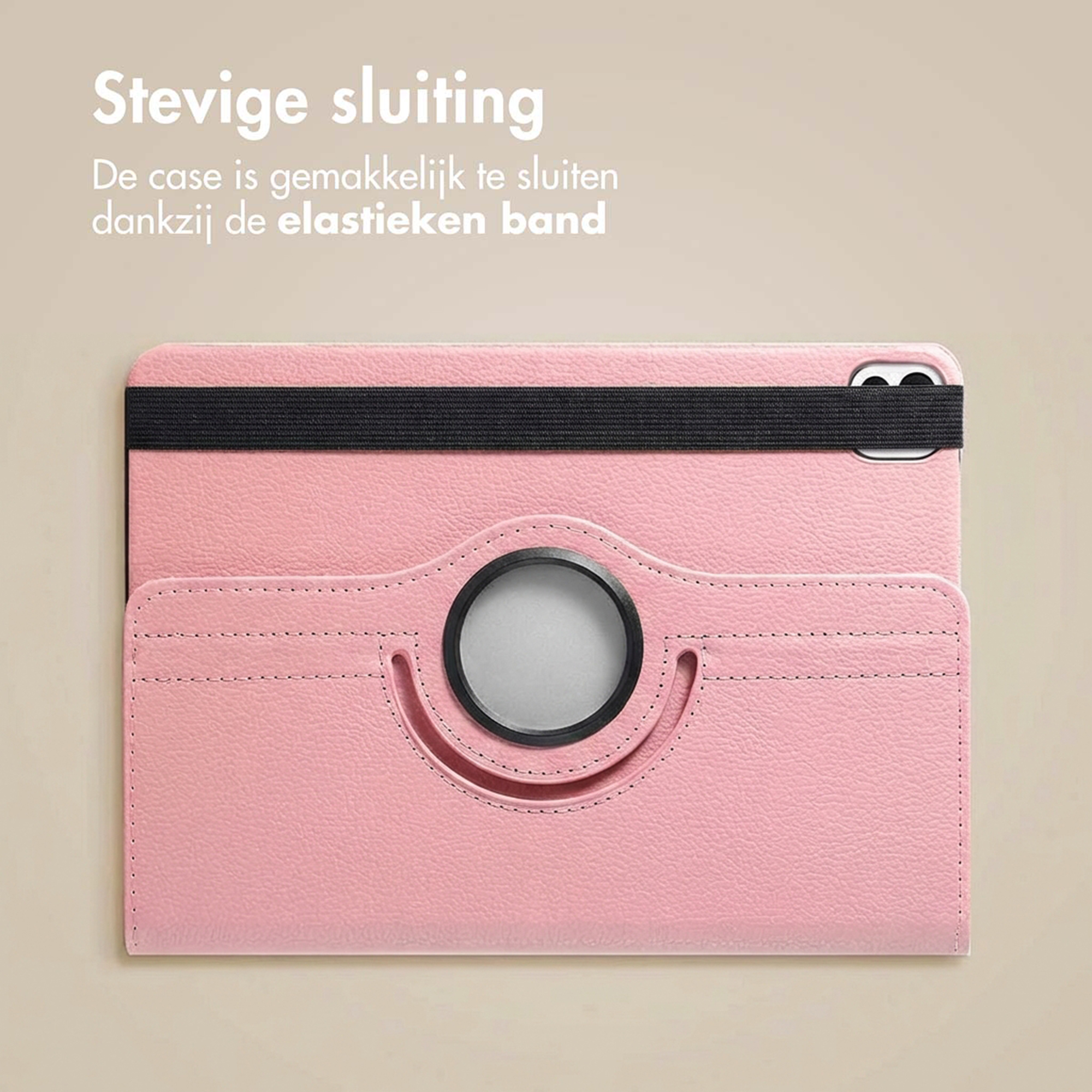 A pink tablet case with a black elastic band and card slots.