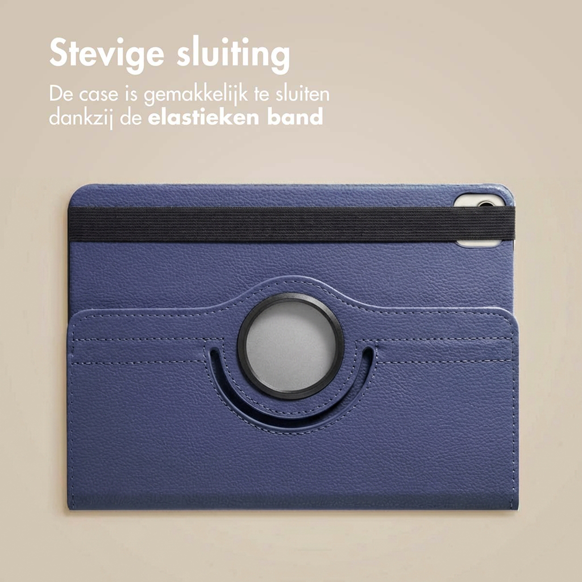 Blue tablet case with black elastic band and a rotating ring on the front.