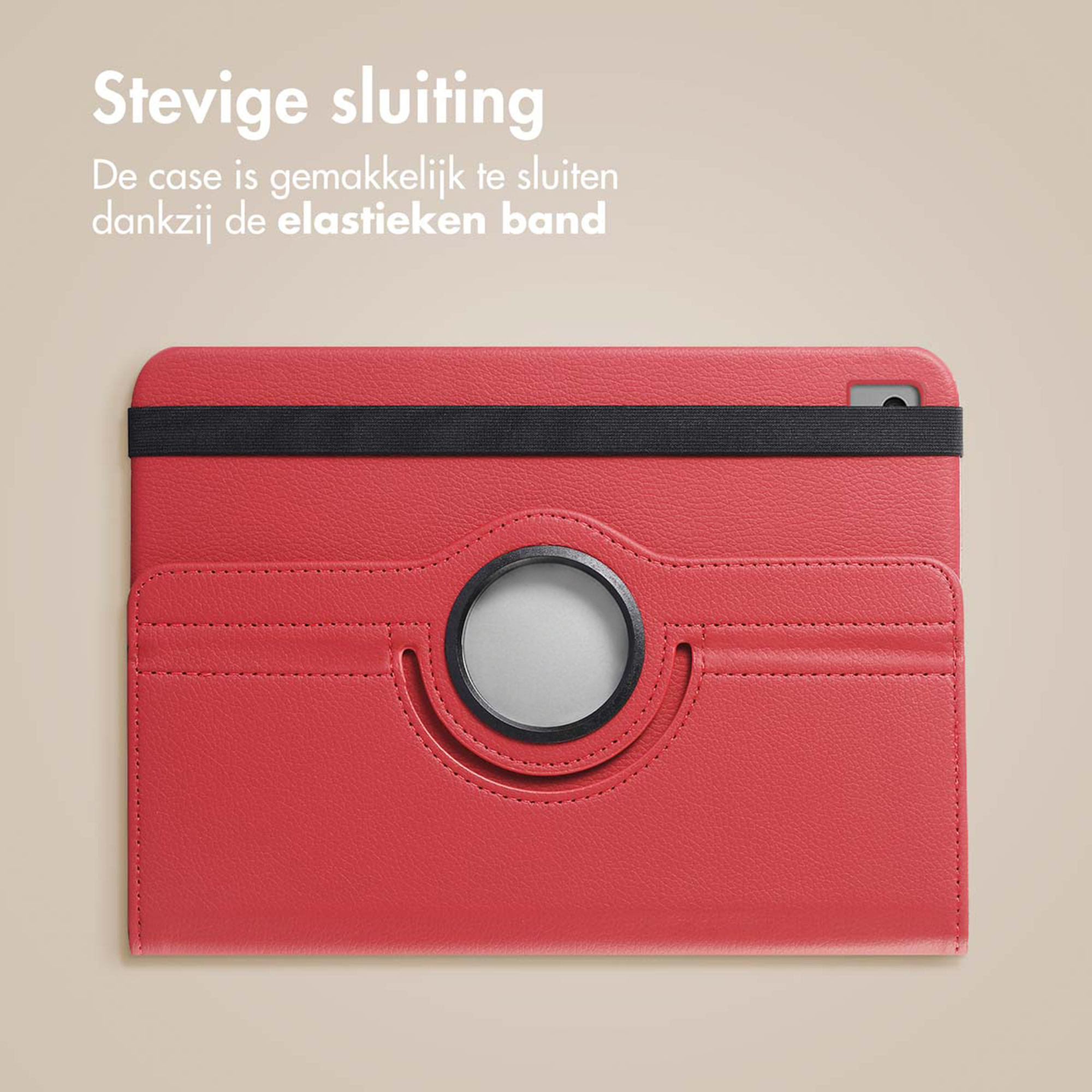 Red tablet case with black elastic band and circular cutout.