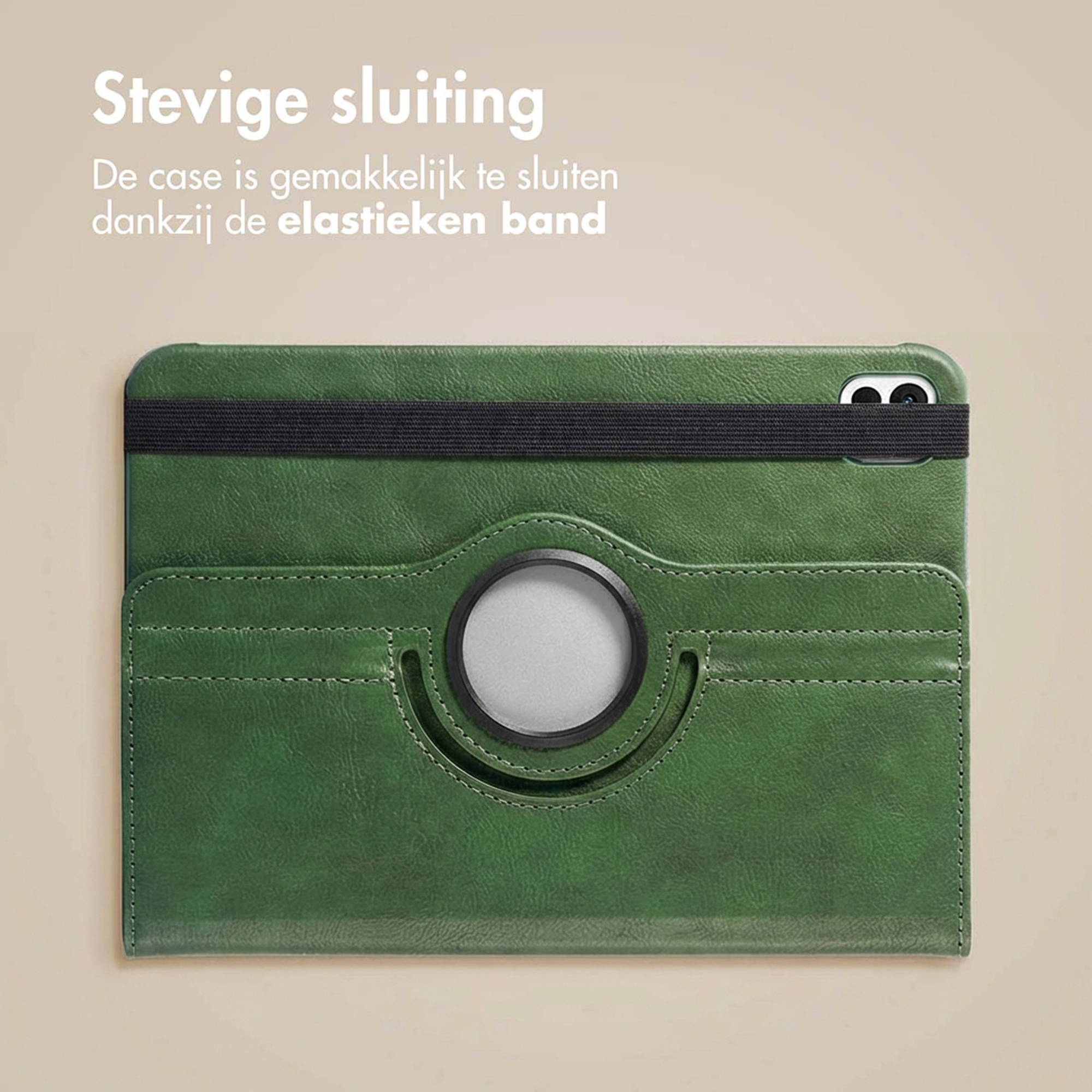 Green case with black elastic band and card slots.